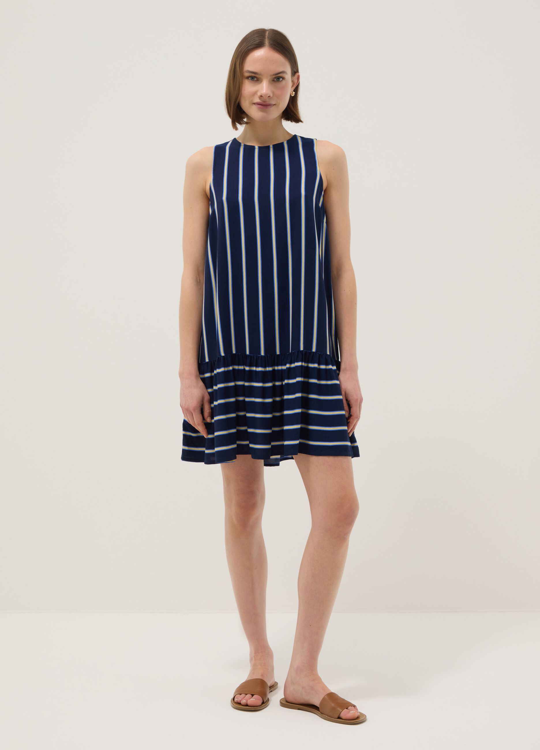 Sleeveless pure viscose multicolour striped dress, regular fit