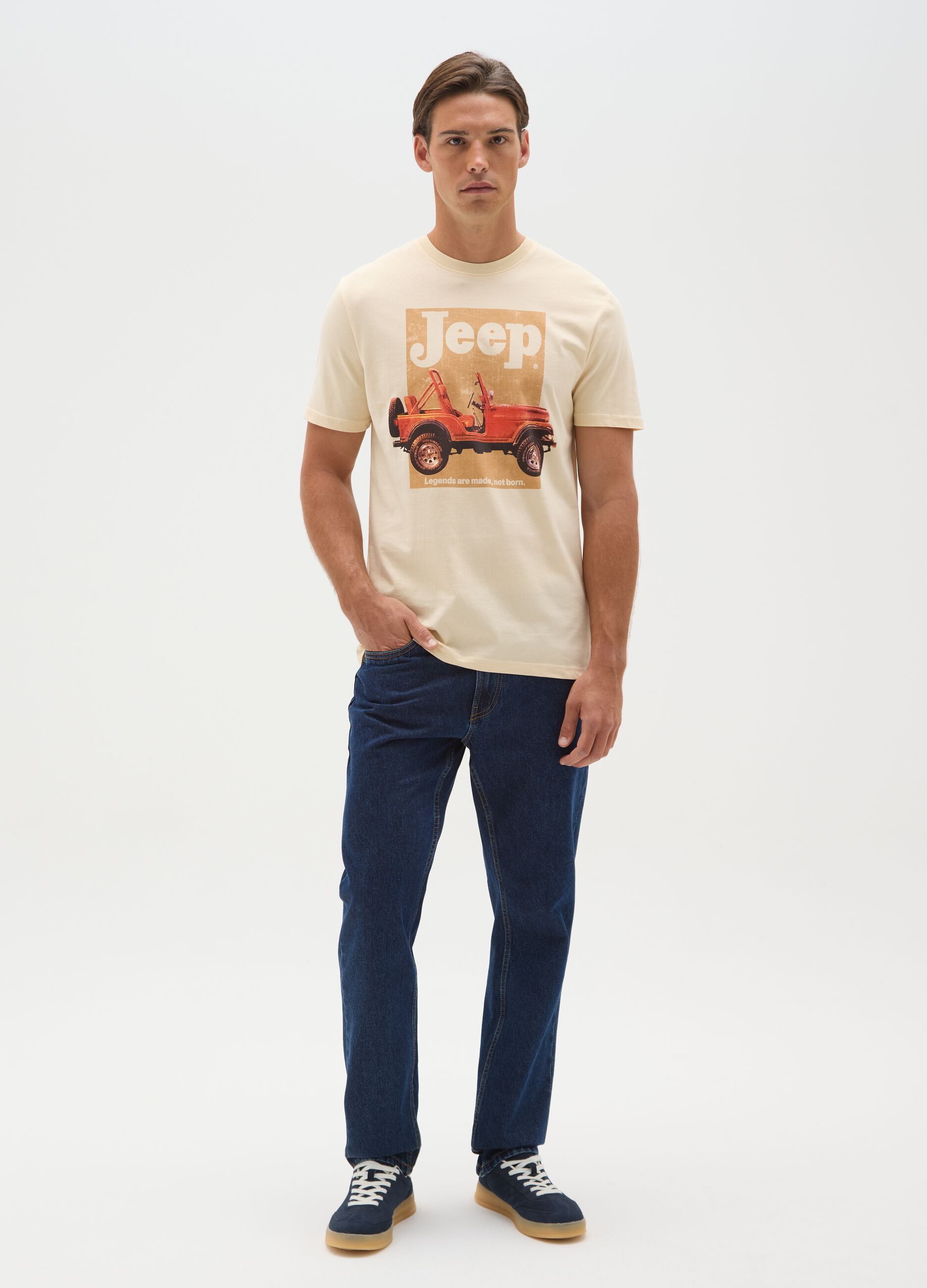 Men's beige pure cotton regular fit t-shirt with print