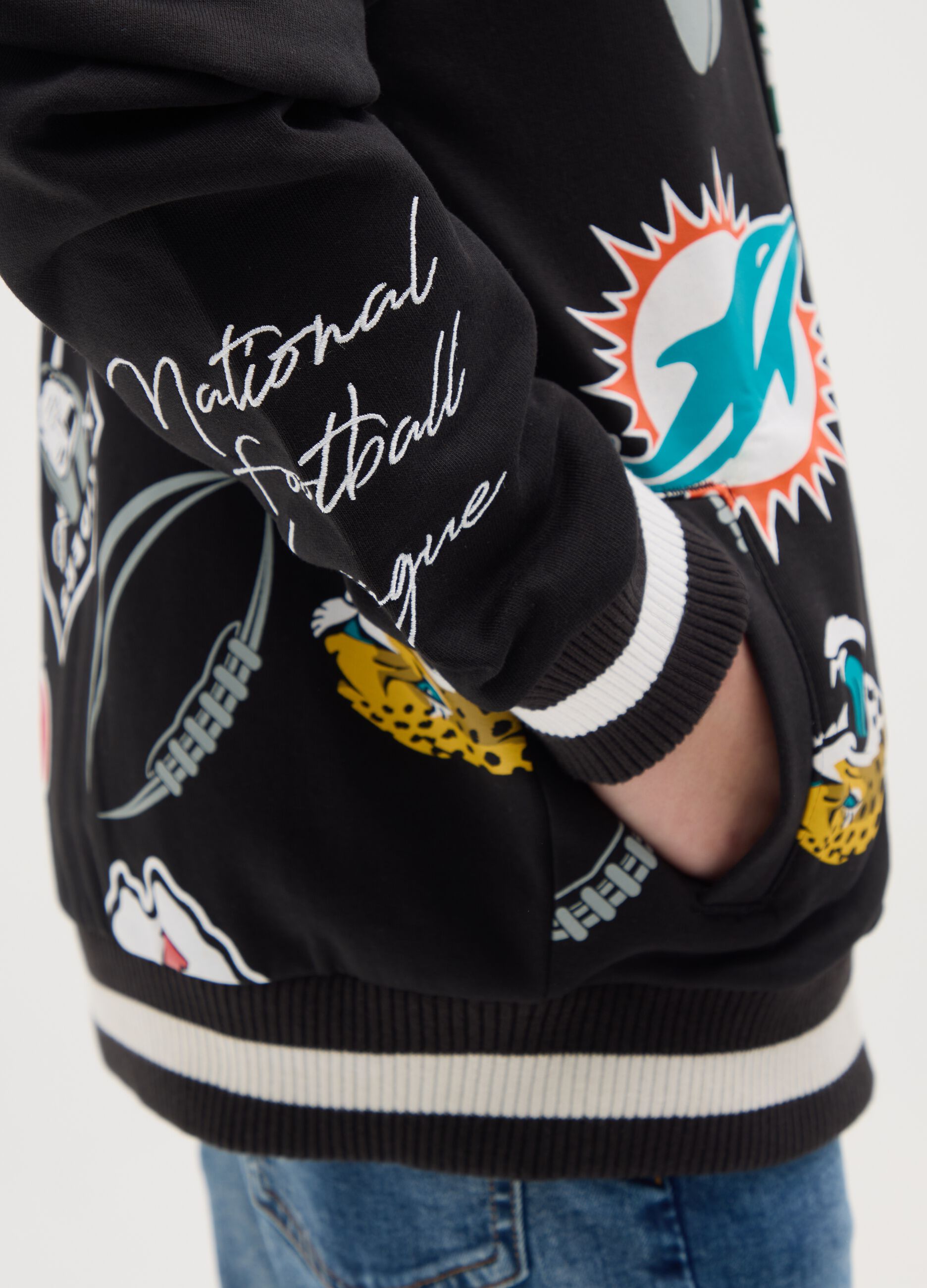 Varsity bomber jacket with all-over NBA team logos print