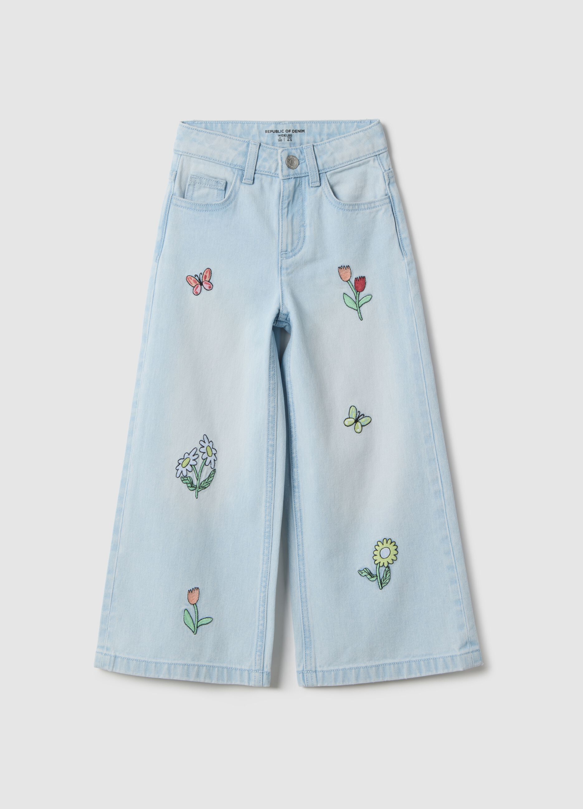Girl's light blue pure cotton flare jeans with floral embroidery