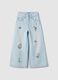 Girl's light blue pure cotton flare jeans with floral embroidery_0