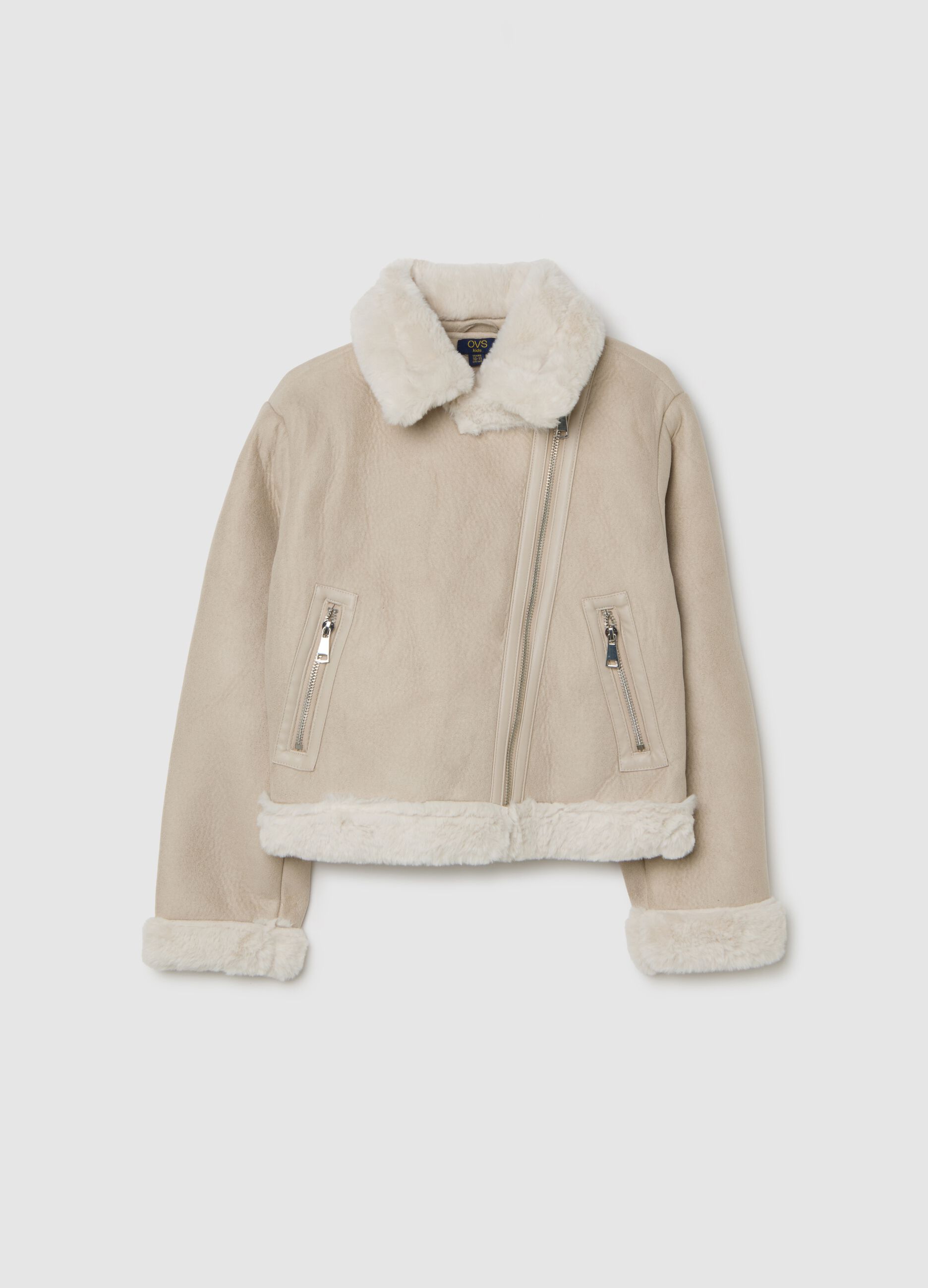 Beige faux leather jacket with synthetic fur
