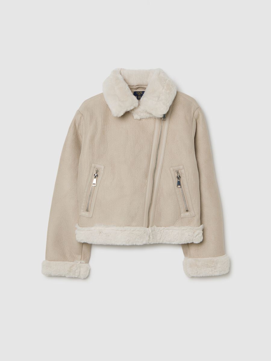 Beige faux leather jacket with synthetic fur_0