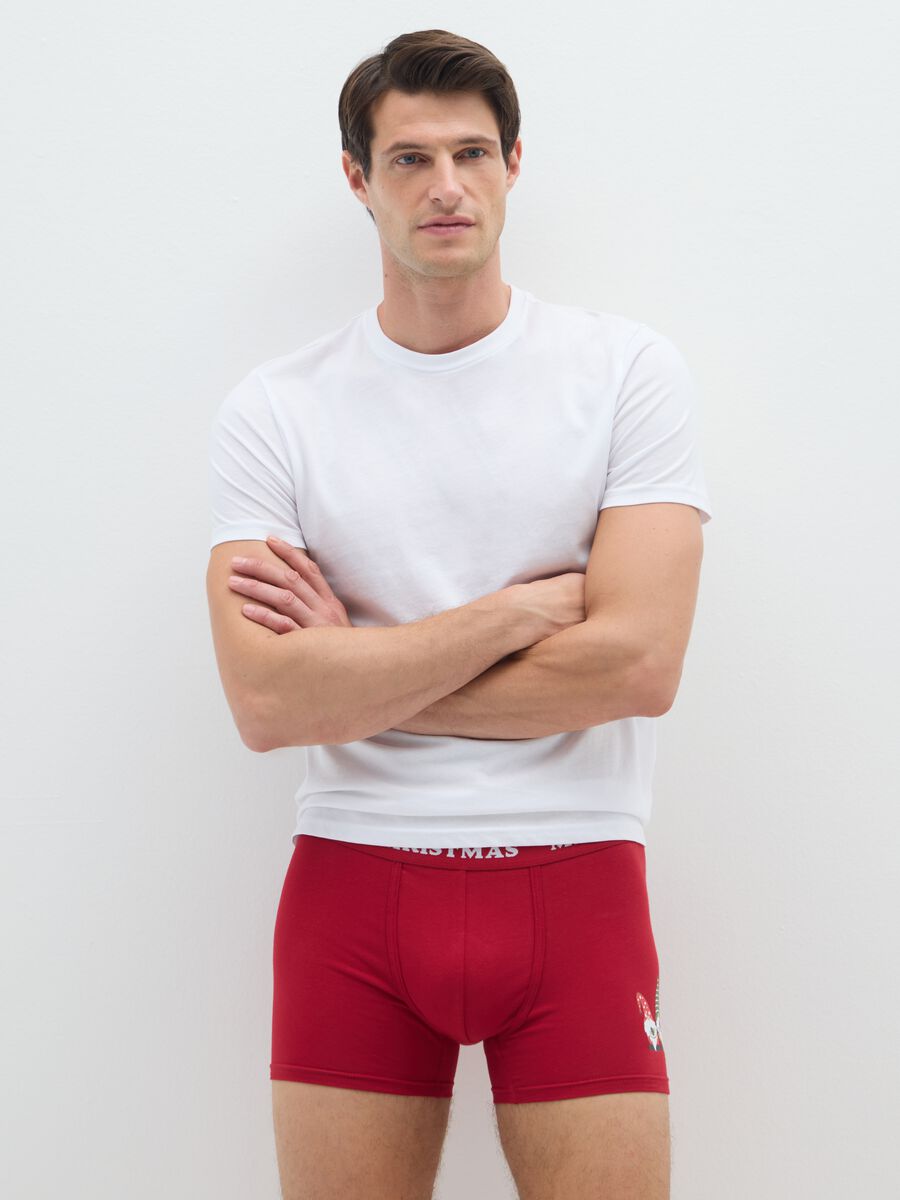 Regular fit red stretch cotton boxer with Christmas print_0