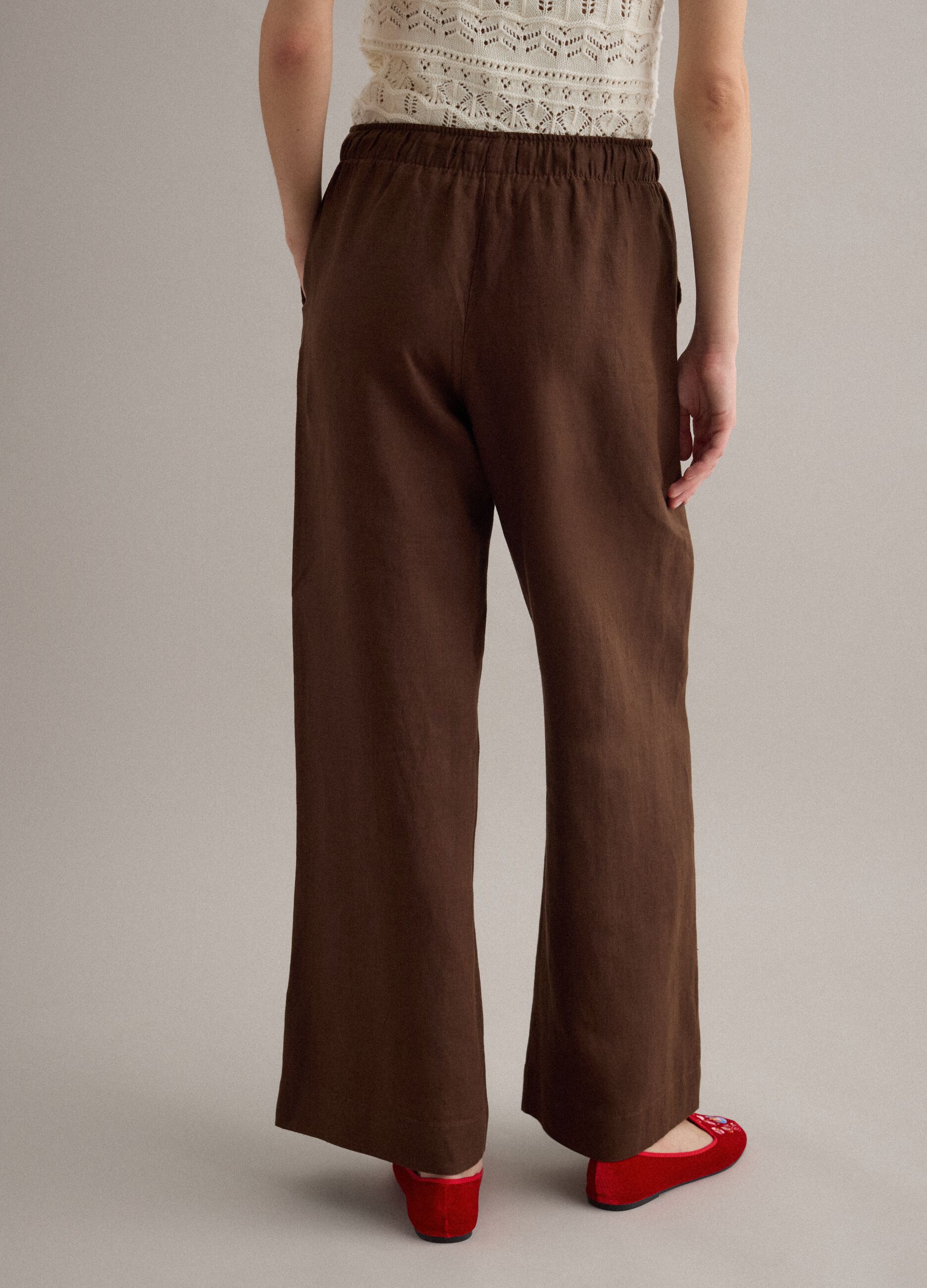 Brown pure linen drawstring trousers, straight fit