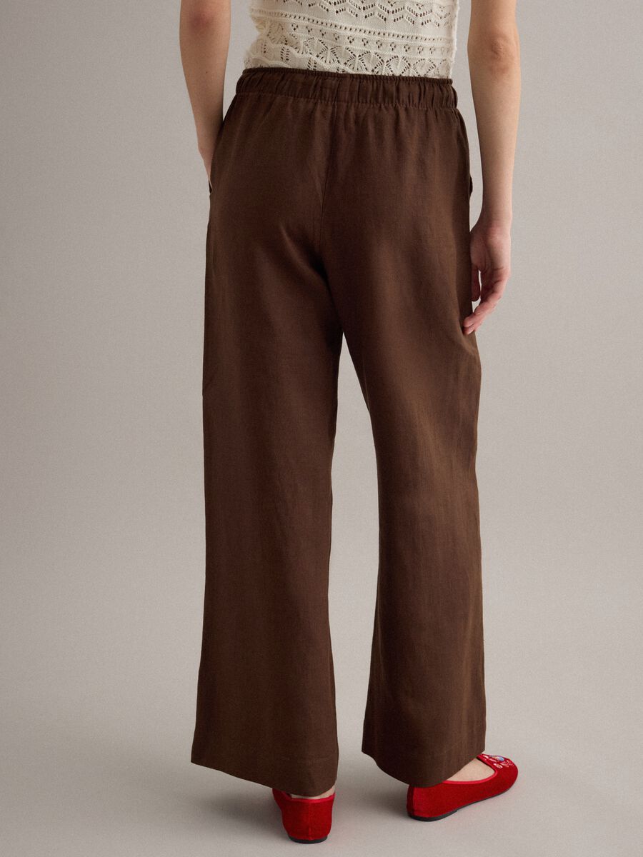 Pantaloni marroni in puro lino con coulisse straight fit_3