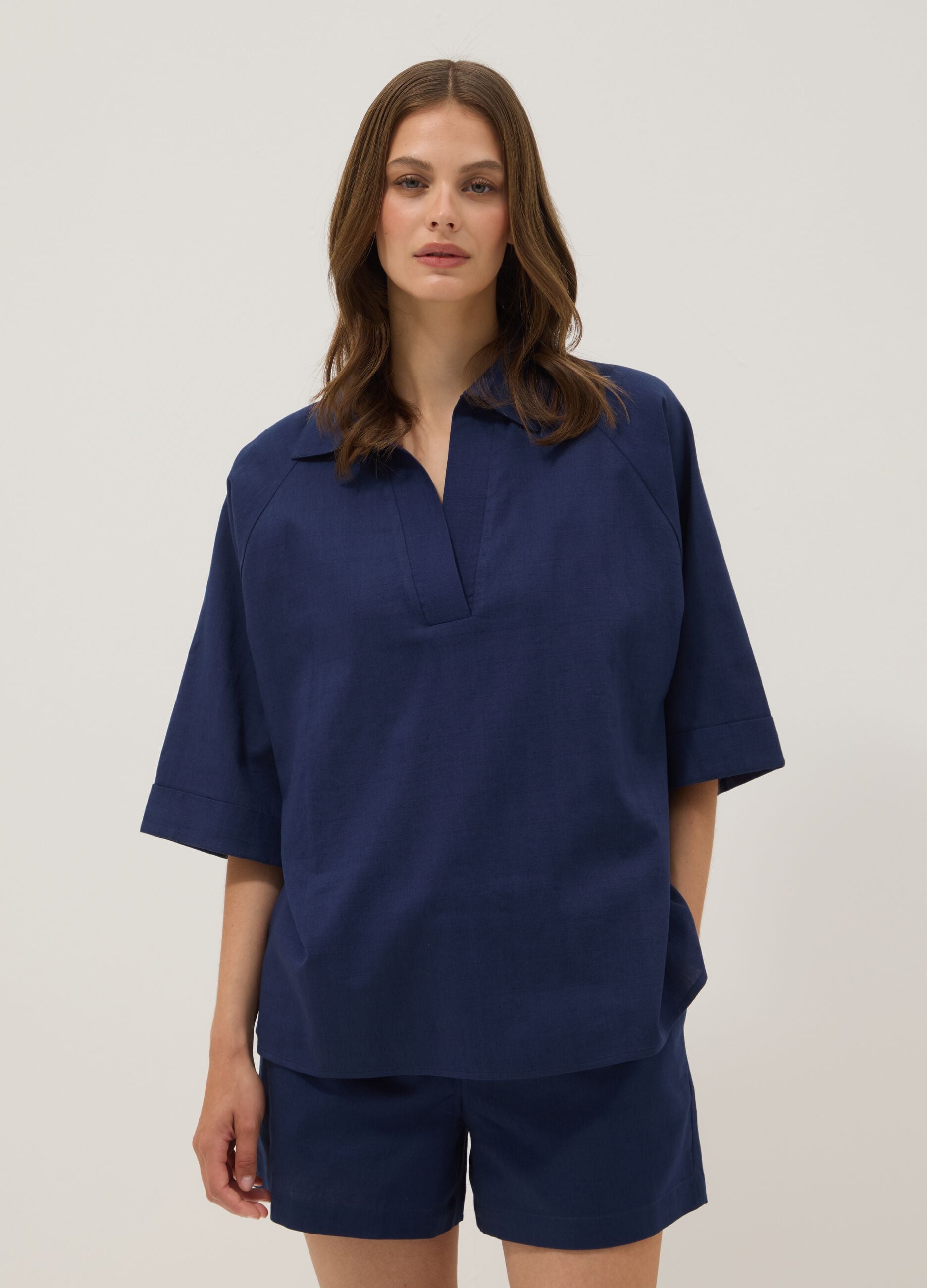 Blue pure cotton V-neck top