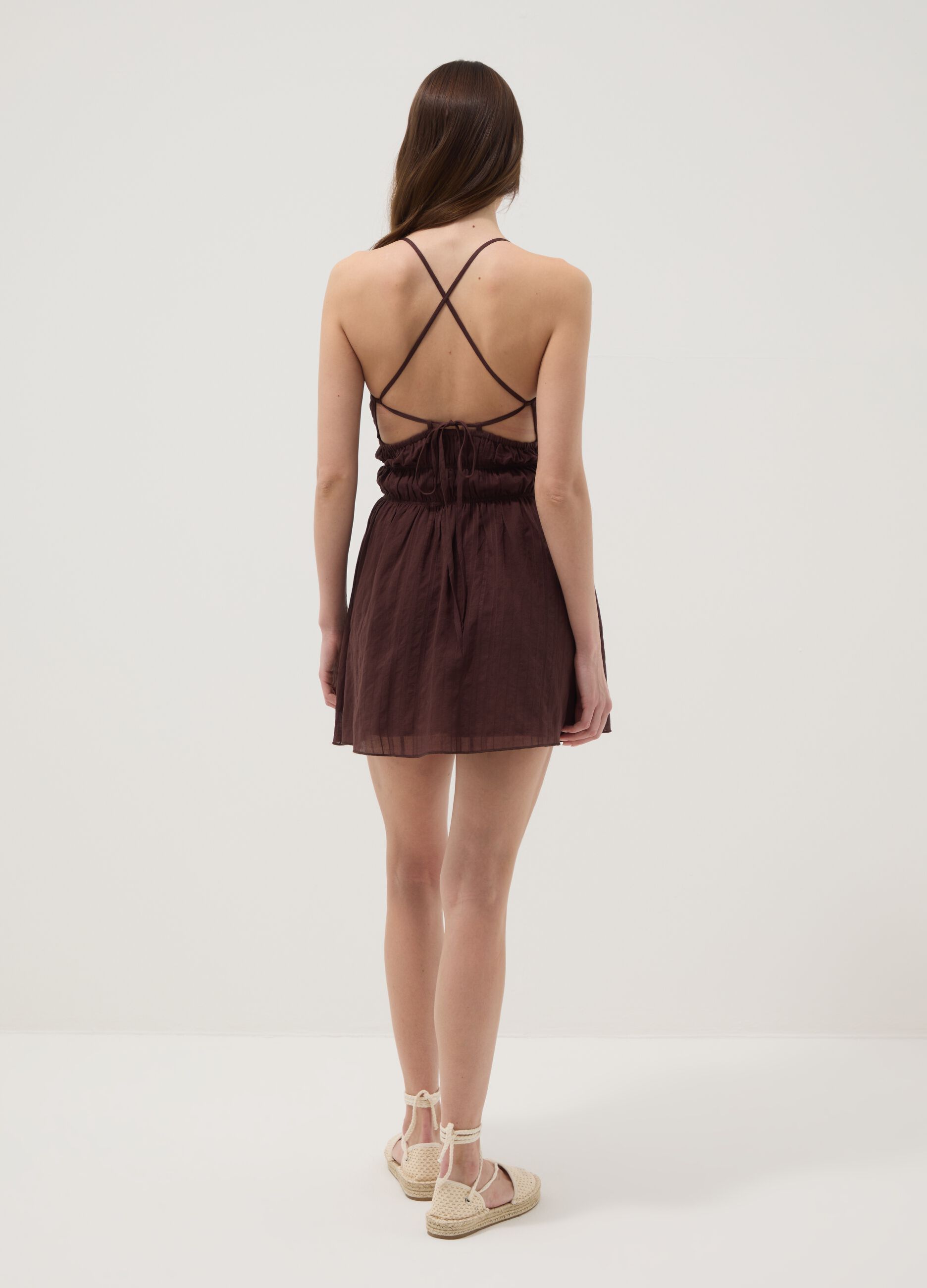 Brown pure cotton mini dress with thin straps, regular fit
