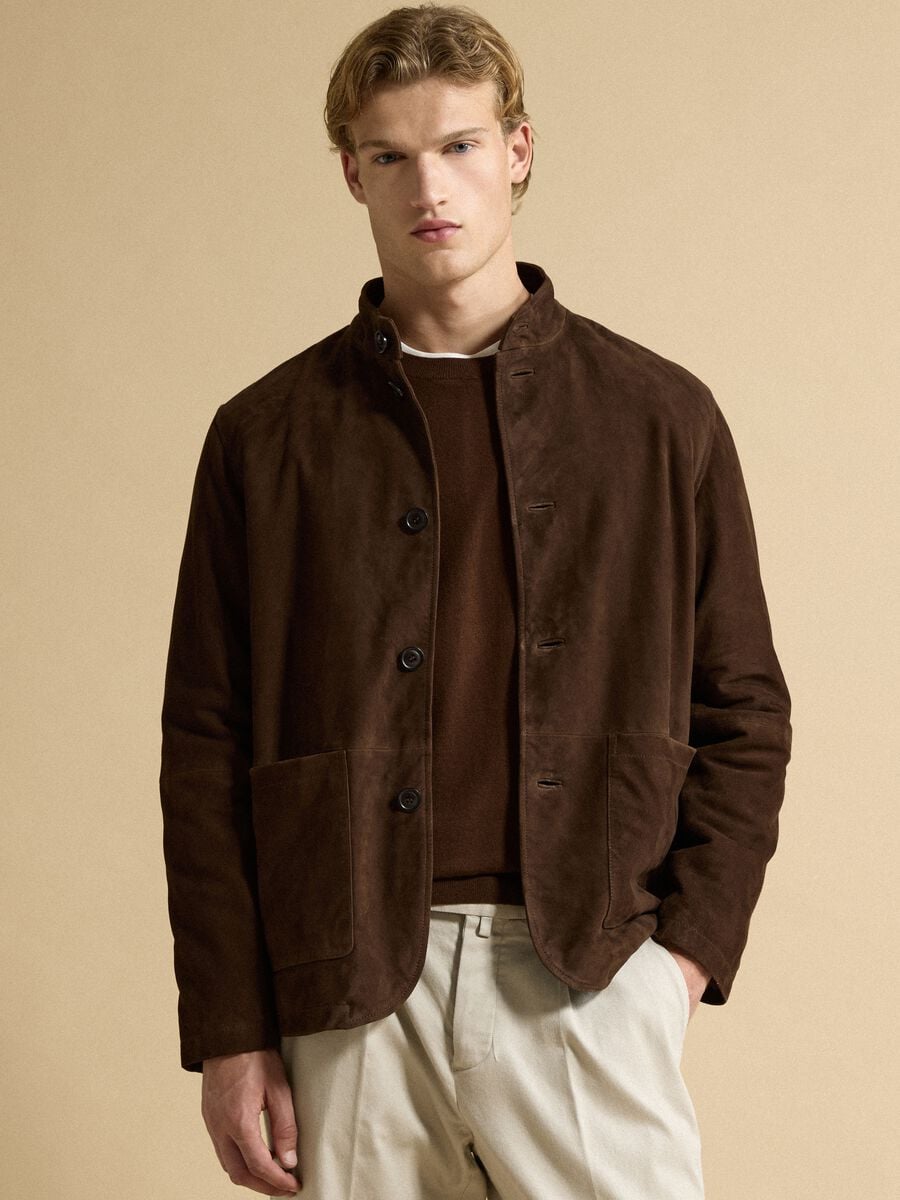 Brown padded genuine leather shacket with high collar, regular fit_1
