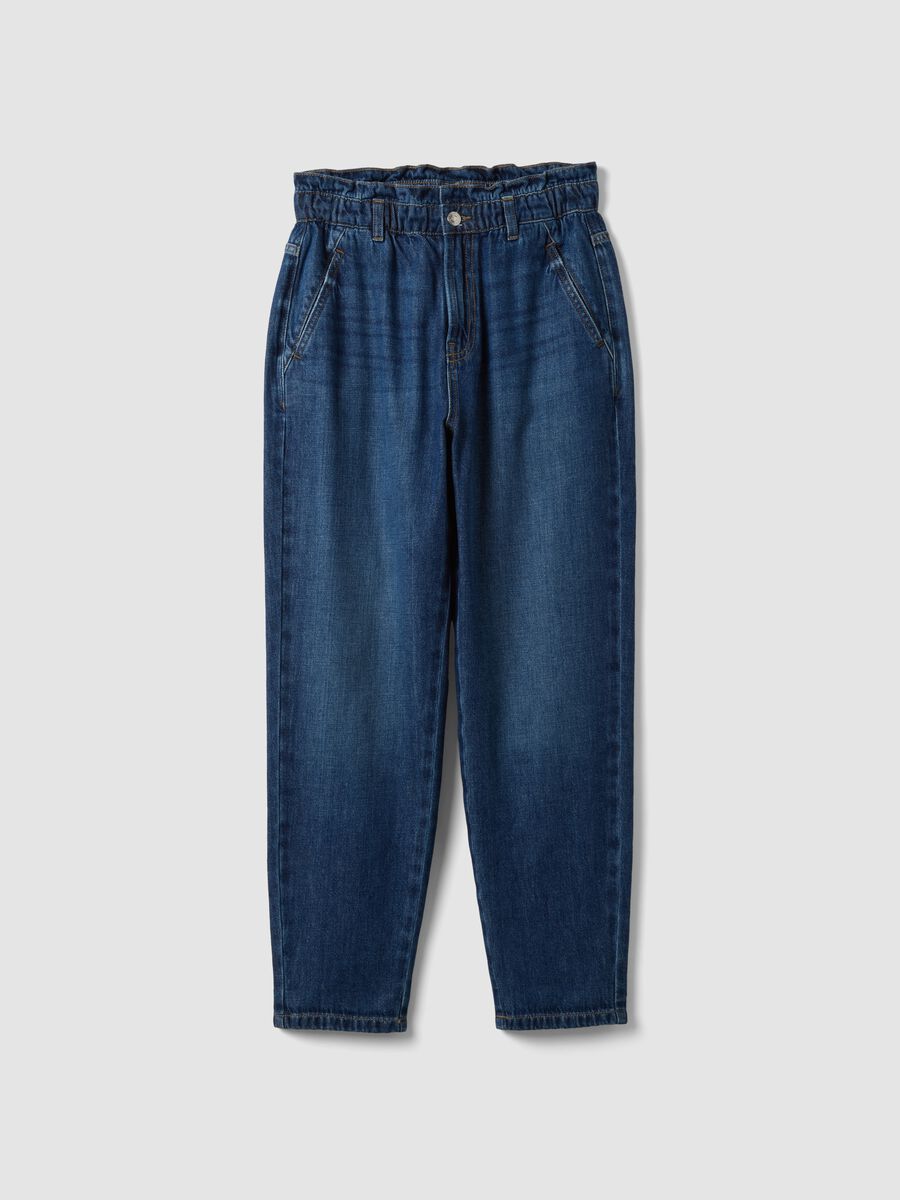 Jeans denim blu baggy fit in puro cotone con vita paper bag_4