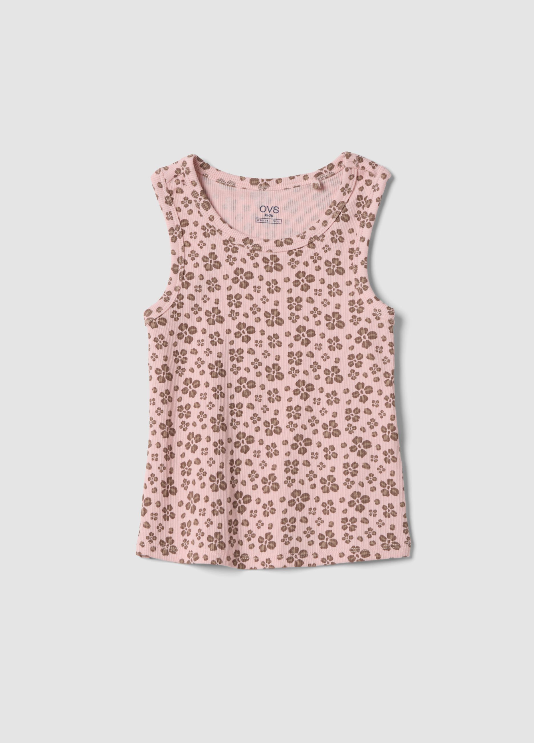 Pink ribbed stretch-cotton tank top with floral print