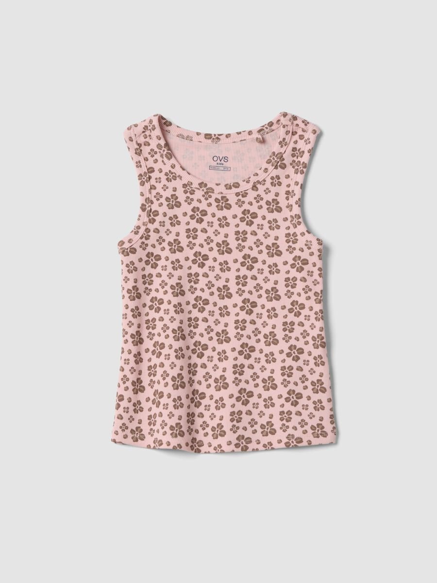 Tank top rosa in cotone elasticizzato con stampa floreale regular fit_0
