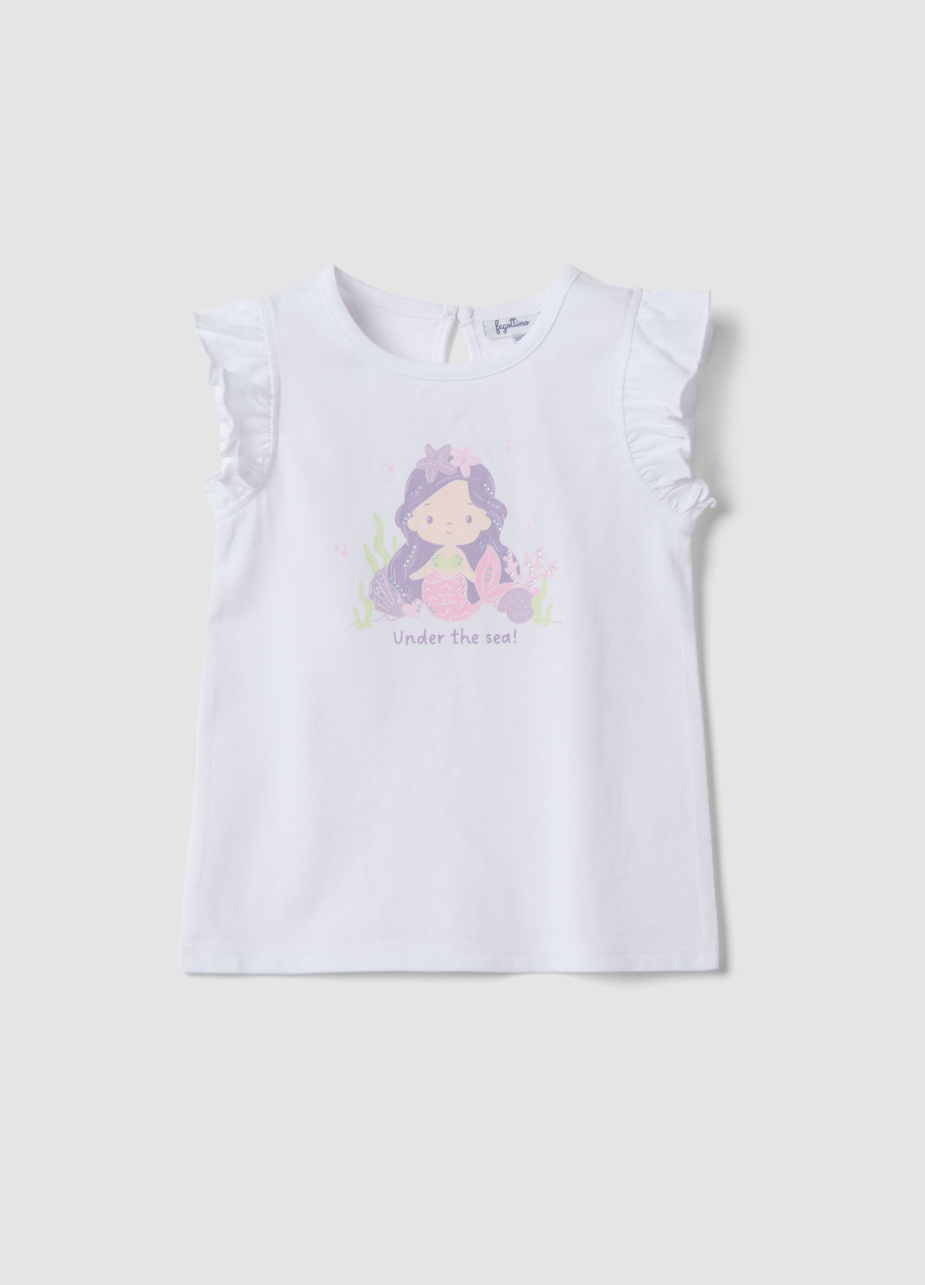 White organic cotton girls&rsquo; tank top with print and frills