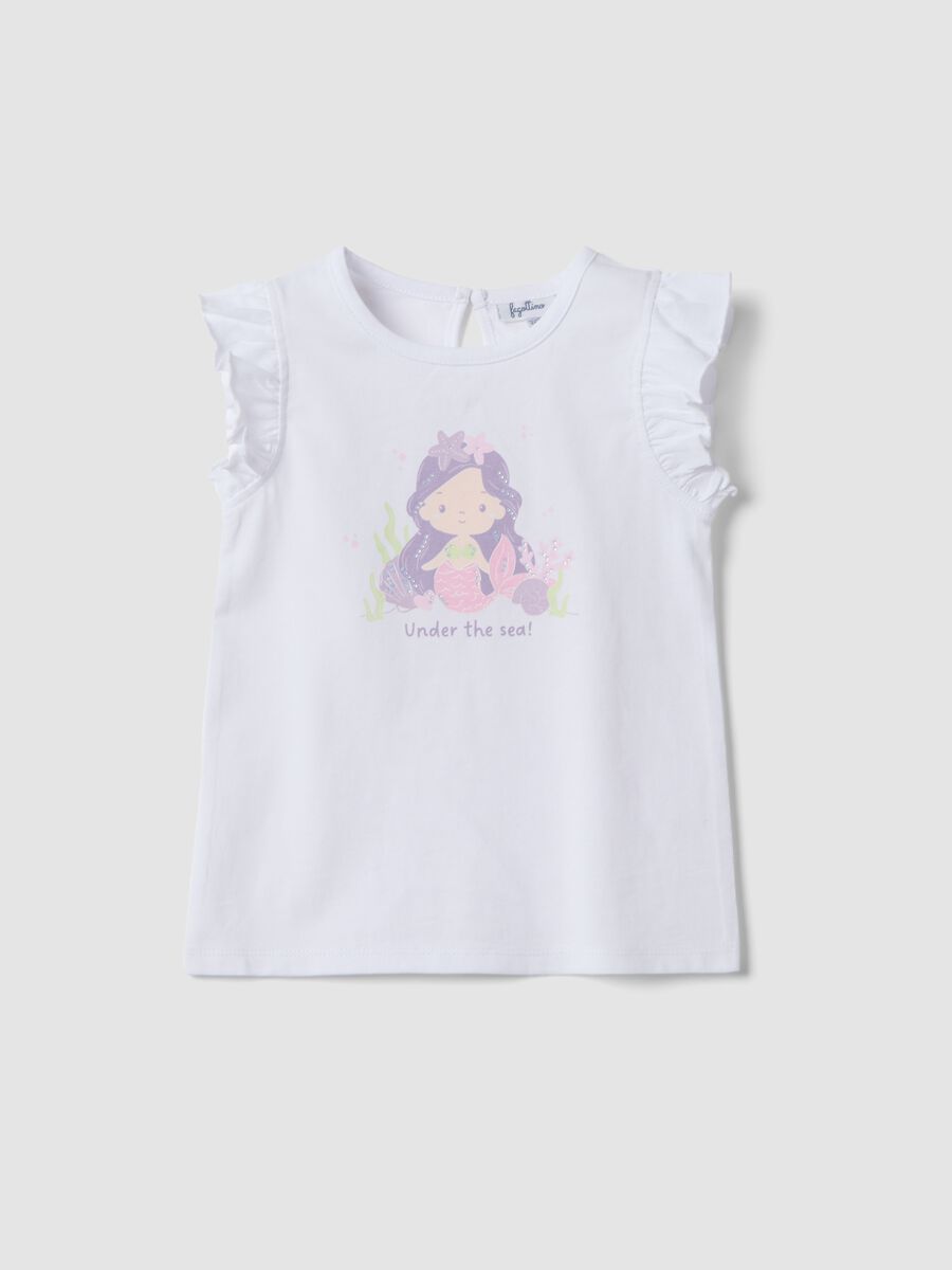 White organic cotton girls&rsquo; tank top with print and frills_0