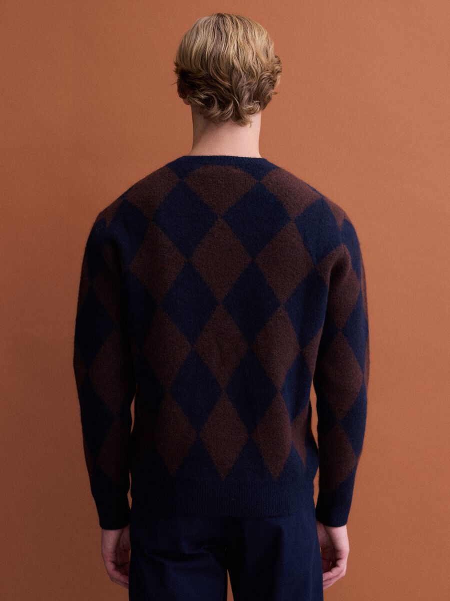 Maglia blu e marrone in lana elasticizzata con fantasia jacquard regular fit_3