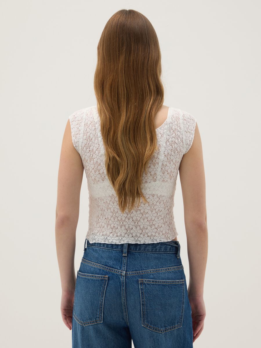 White slim fit cotton blend T-shirt with perforated design_3