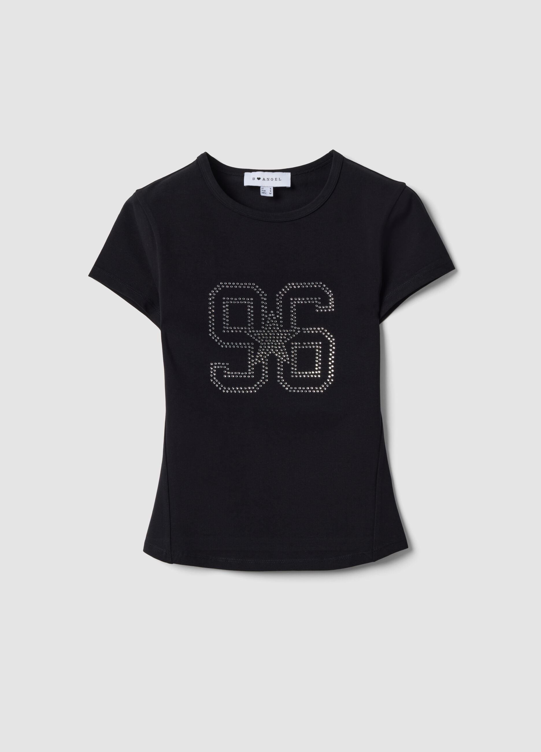 Black fitted stretch cotton T-shirt with rhinestone embellishments