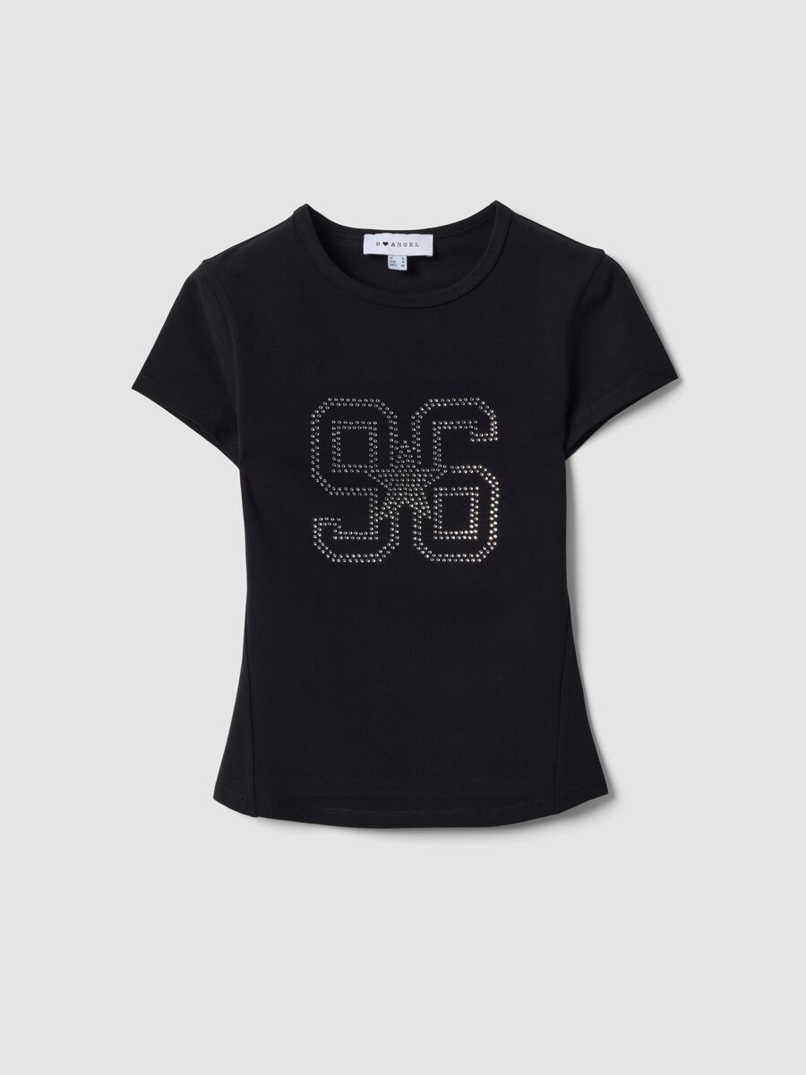 Black fitted stretch cotton T-shirt with rhinestone embellishments_0