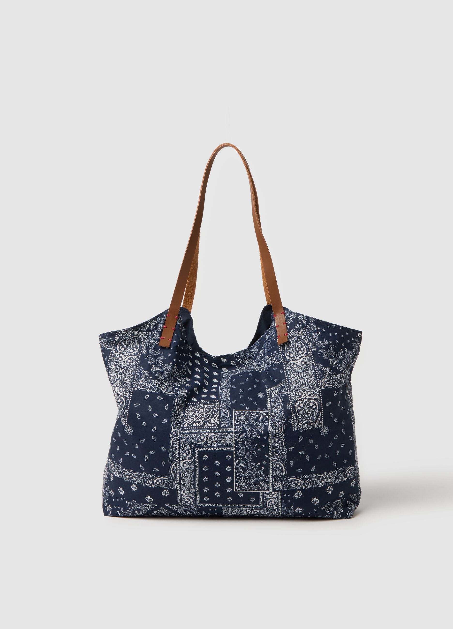 Multicolour pure cotton bag with handles and printed details