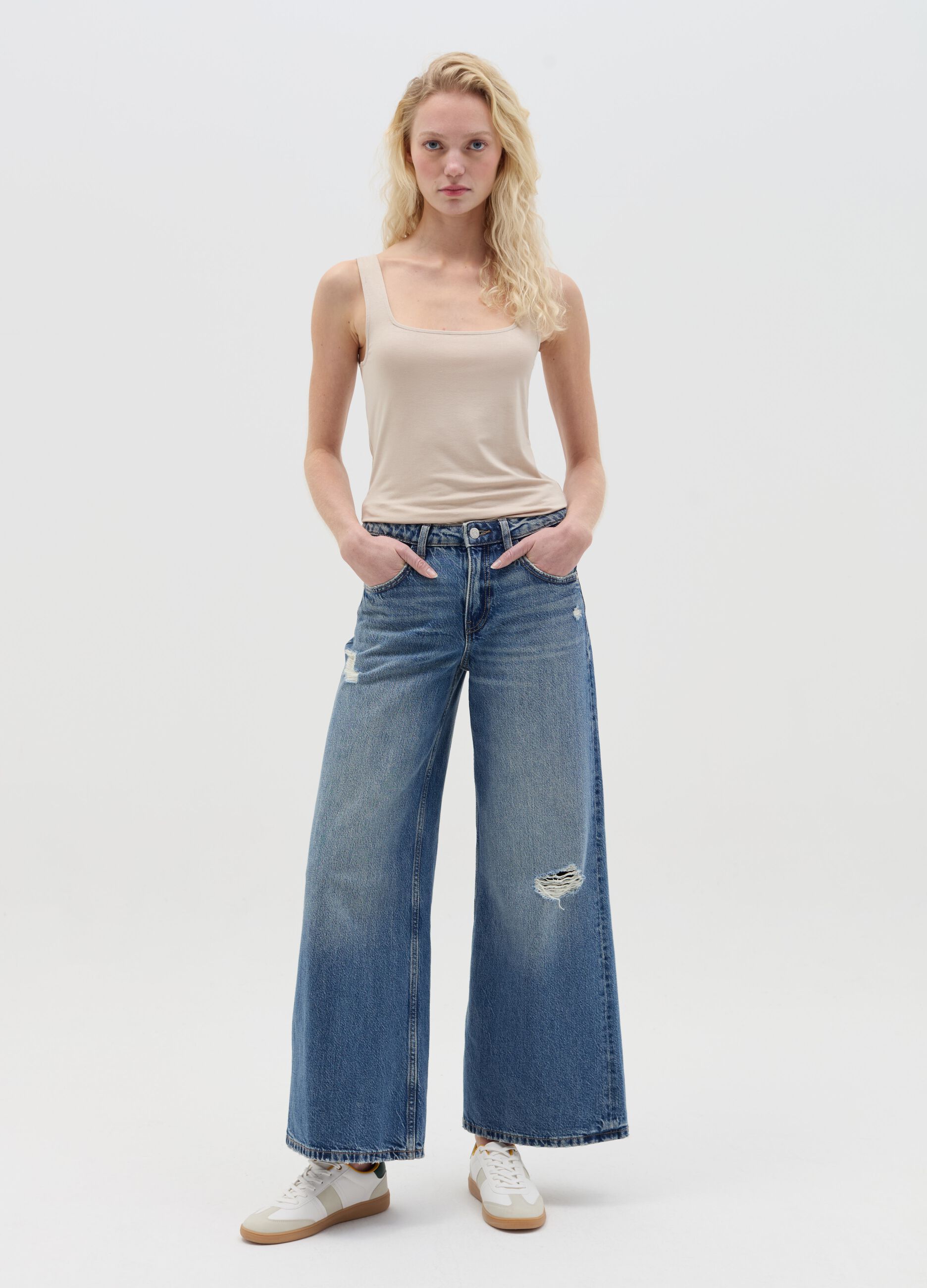 Basic beige tank top in stretch viscose