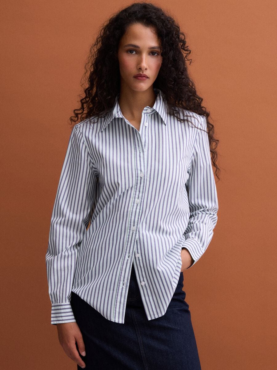 Camicia bianca a righe viola in popeline regular fit_0