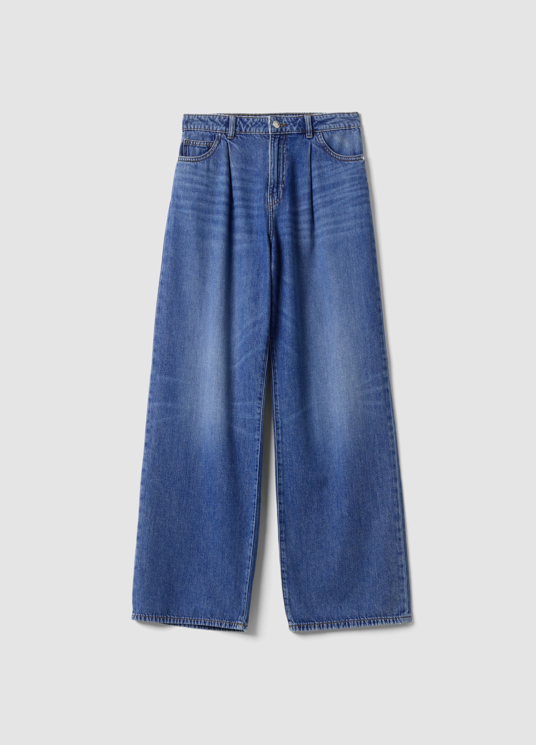 Jeans blu wide leg a vita alta in puro cotone