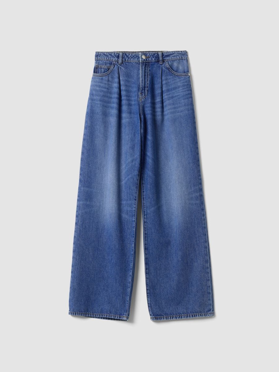 High-waisted wide-leg blue jeans in pure cotton_4