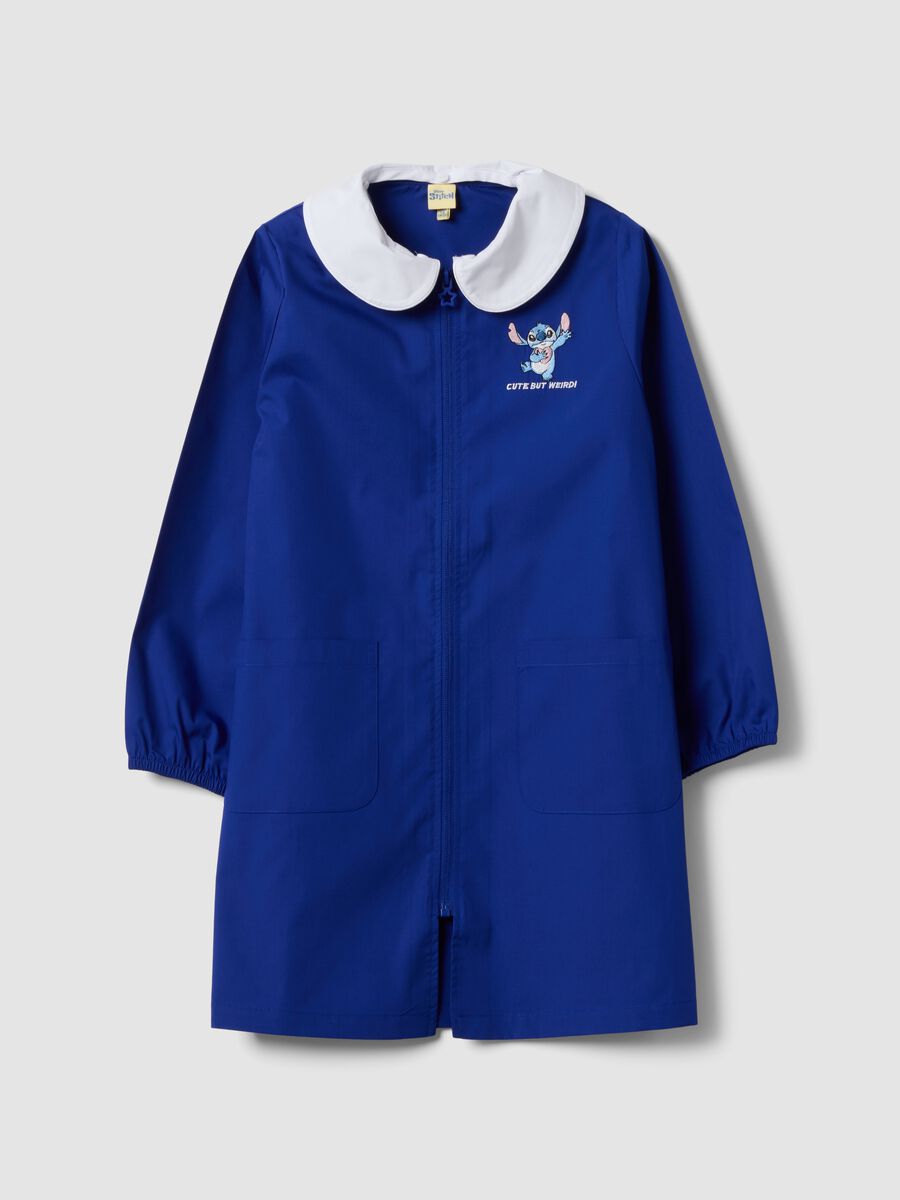 Blue school apron with zip, white collar and Stitch embroidery_0