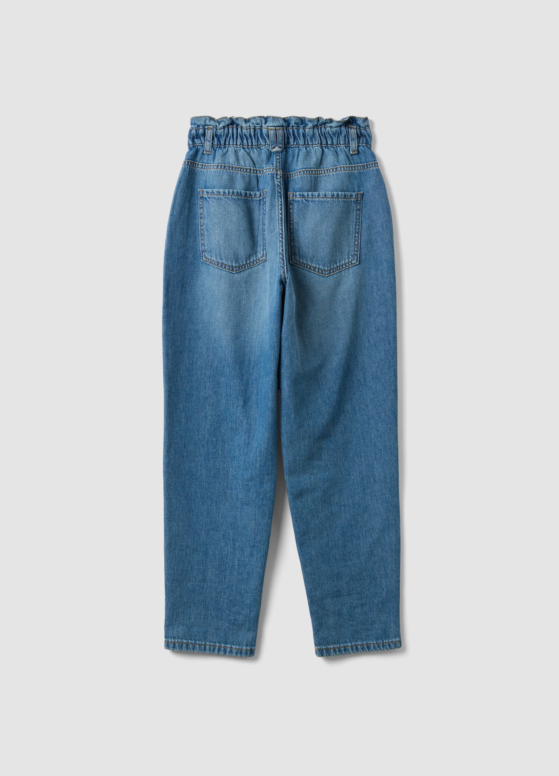Jeans denim azzurri in puro cotone con vita paperbag baggy fit