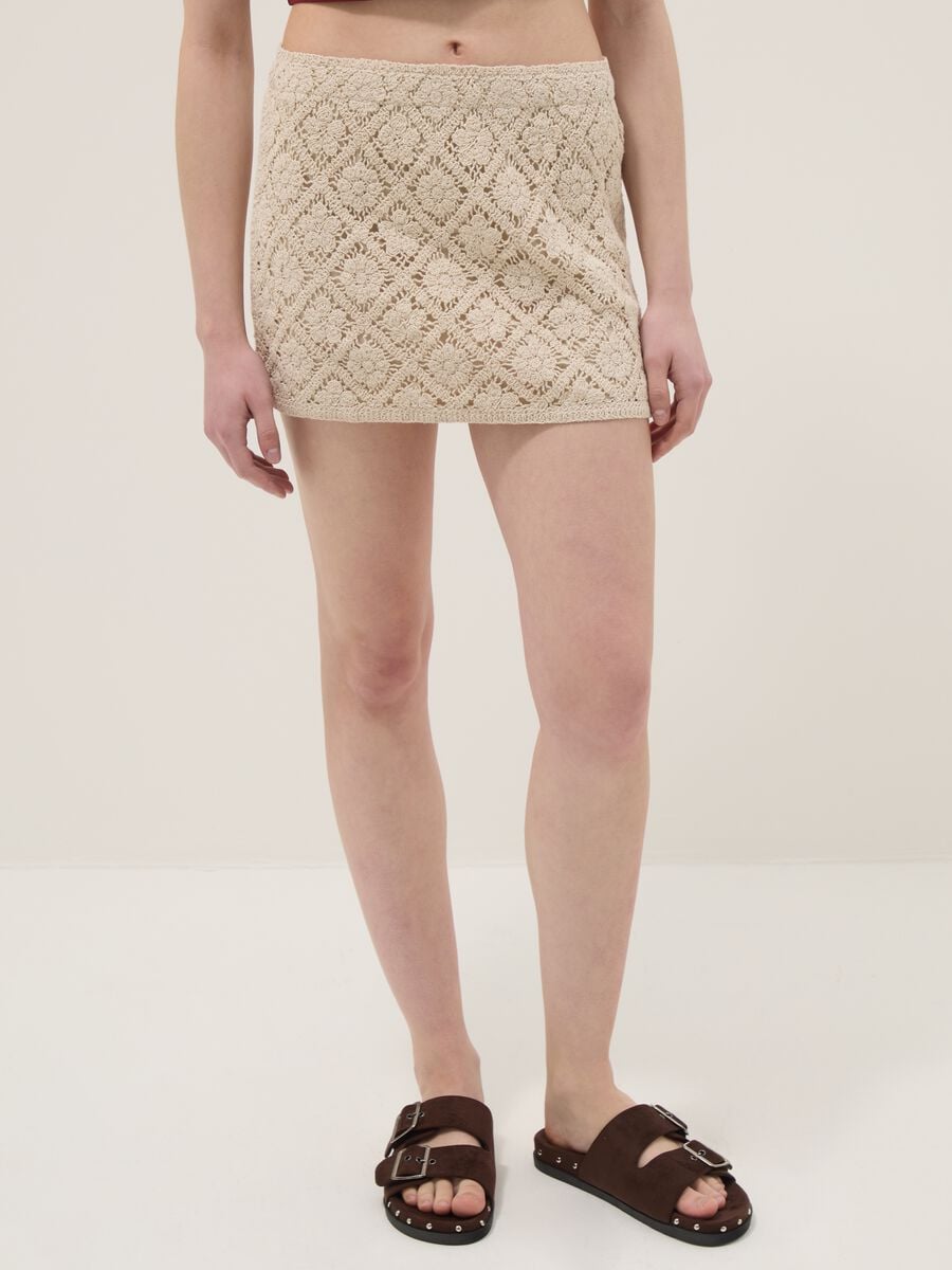Gonna mini in misto cotone beige con pizzo floreale_1