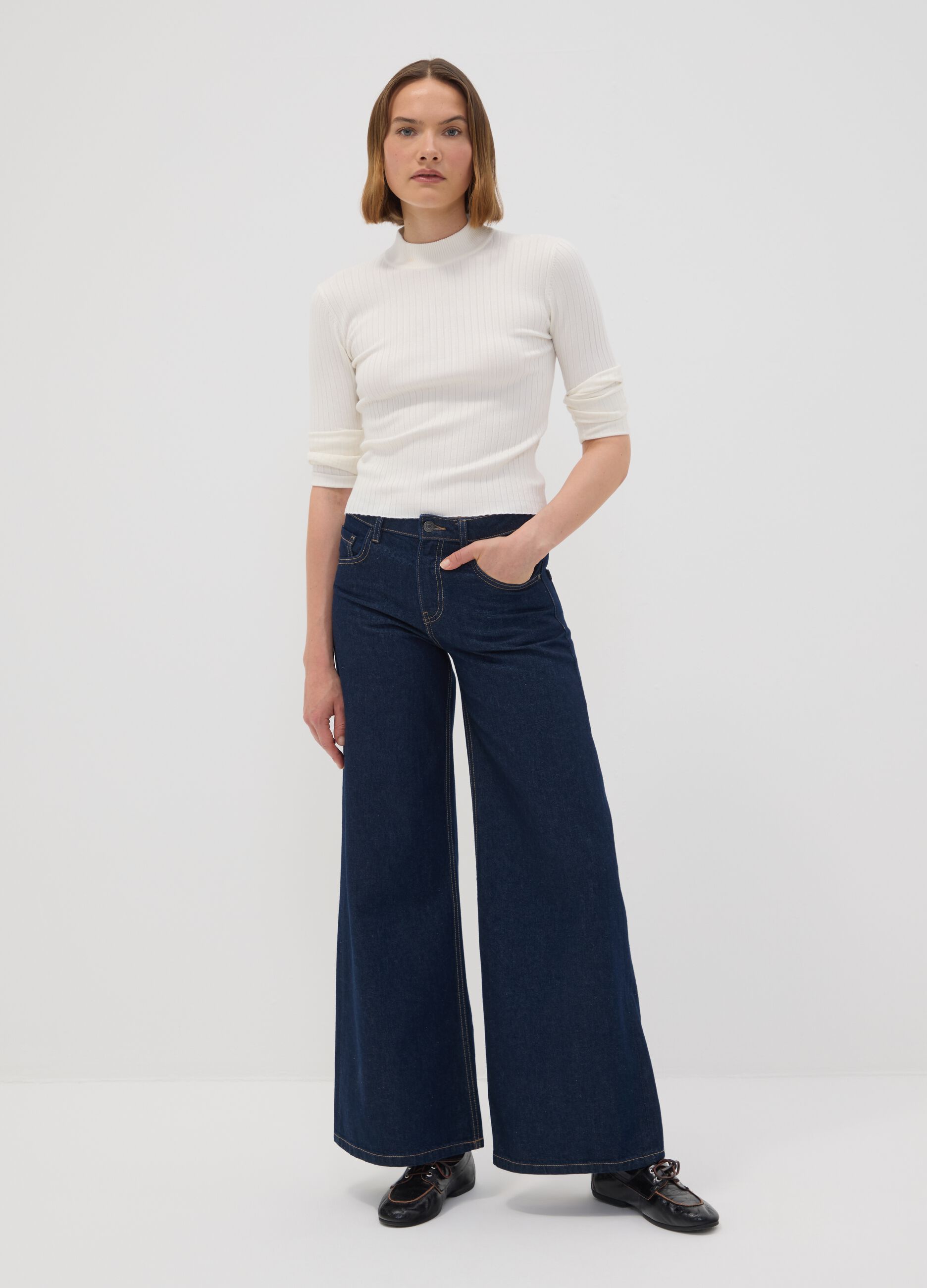White fitted ribbed viscose-blend top with high neck