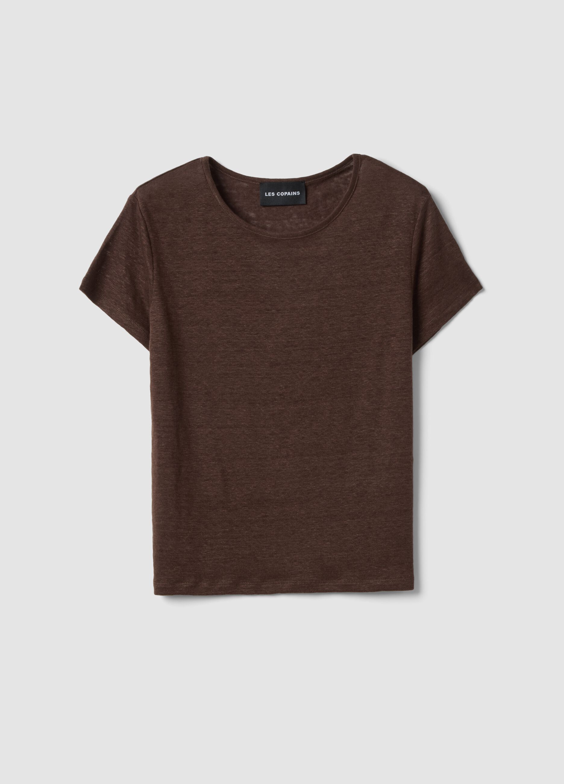 Brown short-sleeved pure linen T-shirt, regular fit