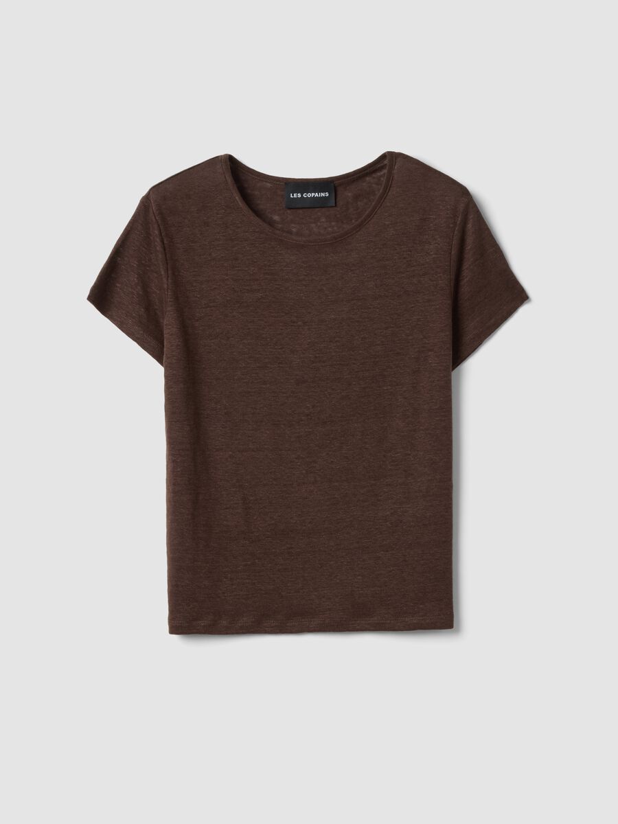 T-shirt a maniche corte marrone in puro lino regular fit_4
