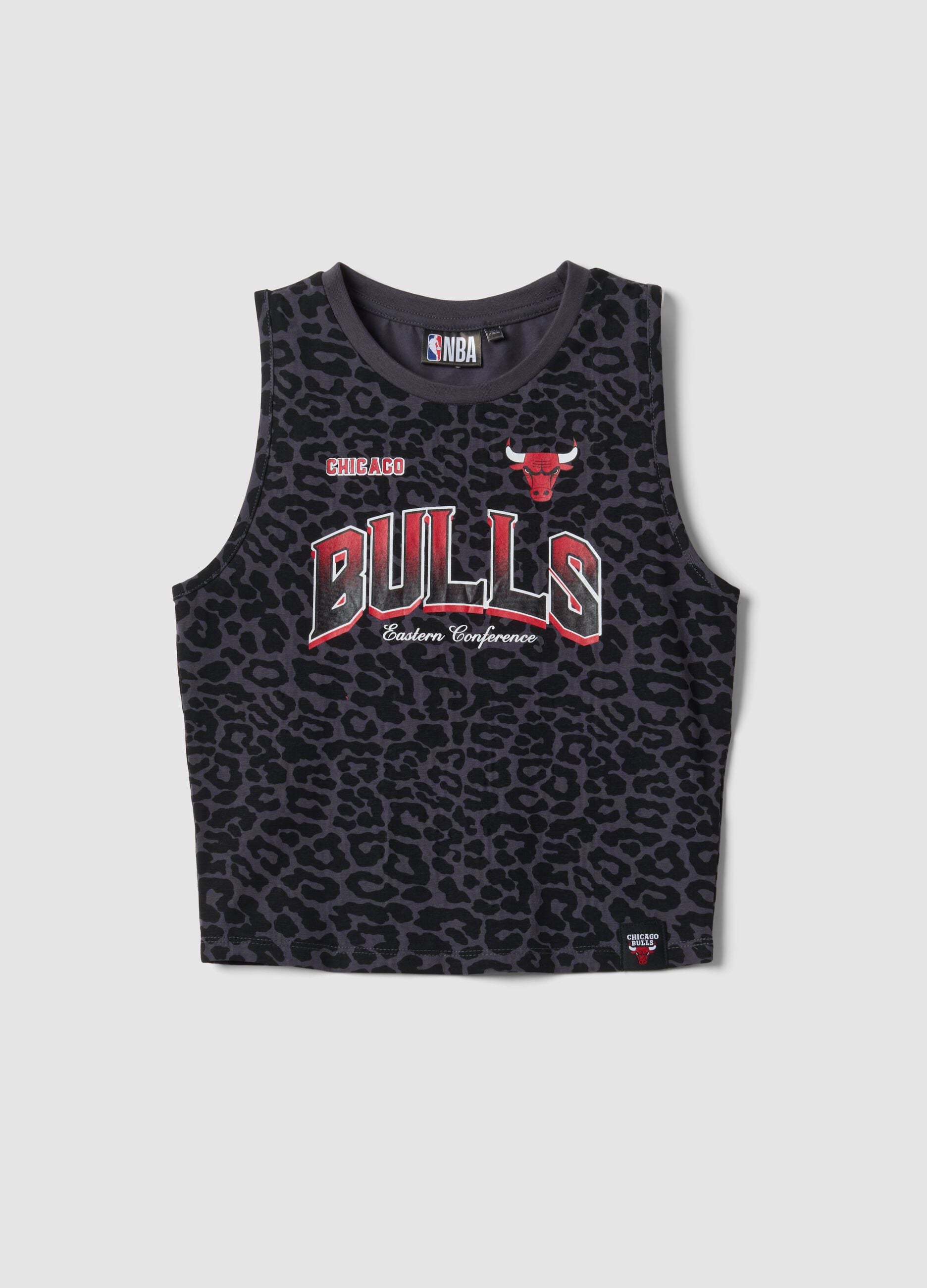 Black stretch cotton tank top with animal print