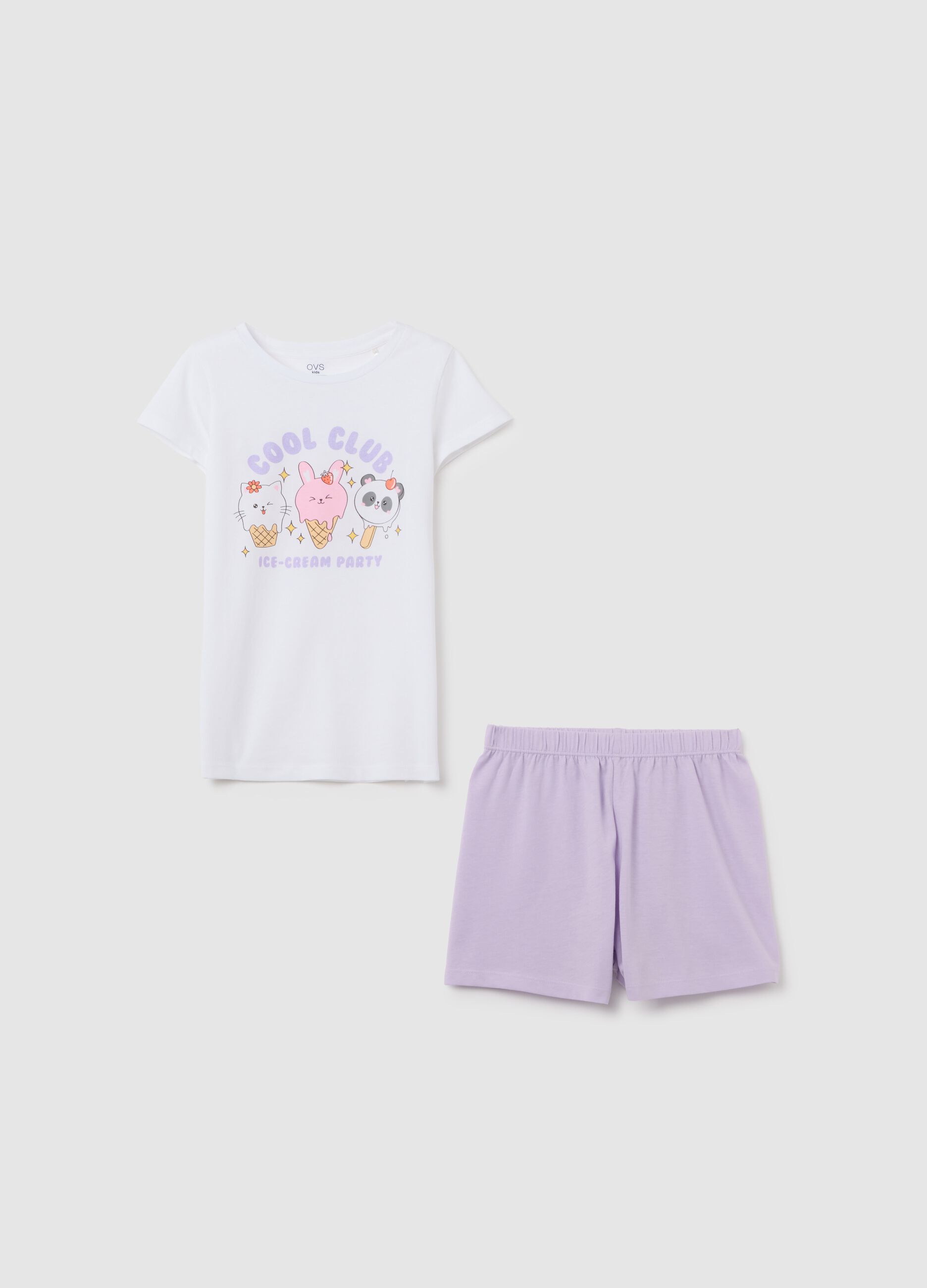 Girls' white and lilac short pyjamas in pure cotton regular fit with print