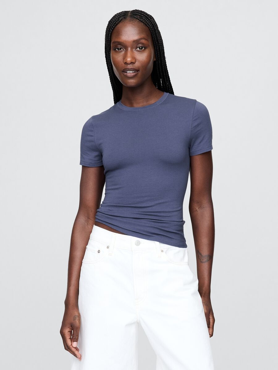 T-shirt blu elasticizzata a maniche corte_0