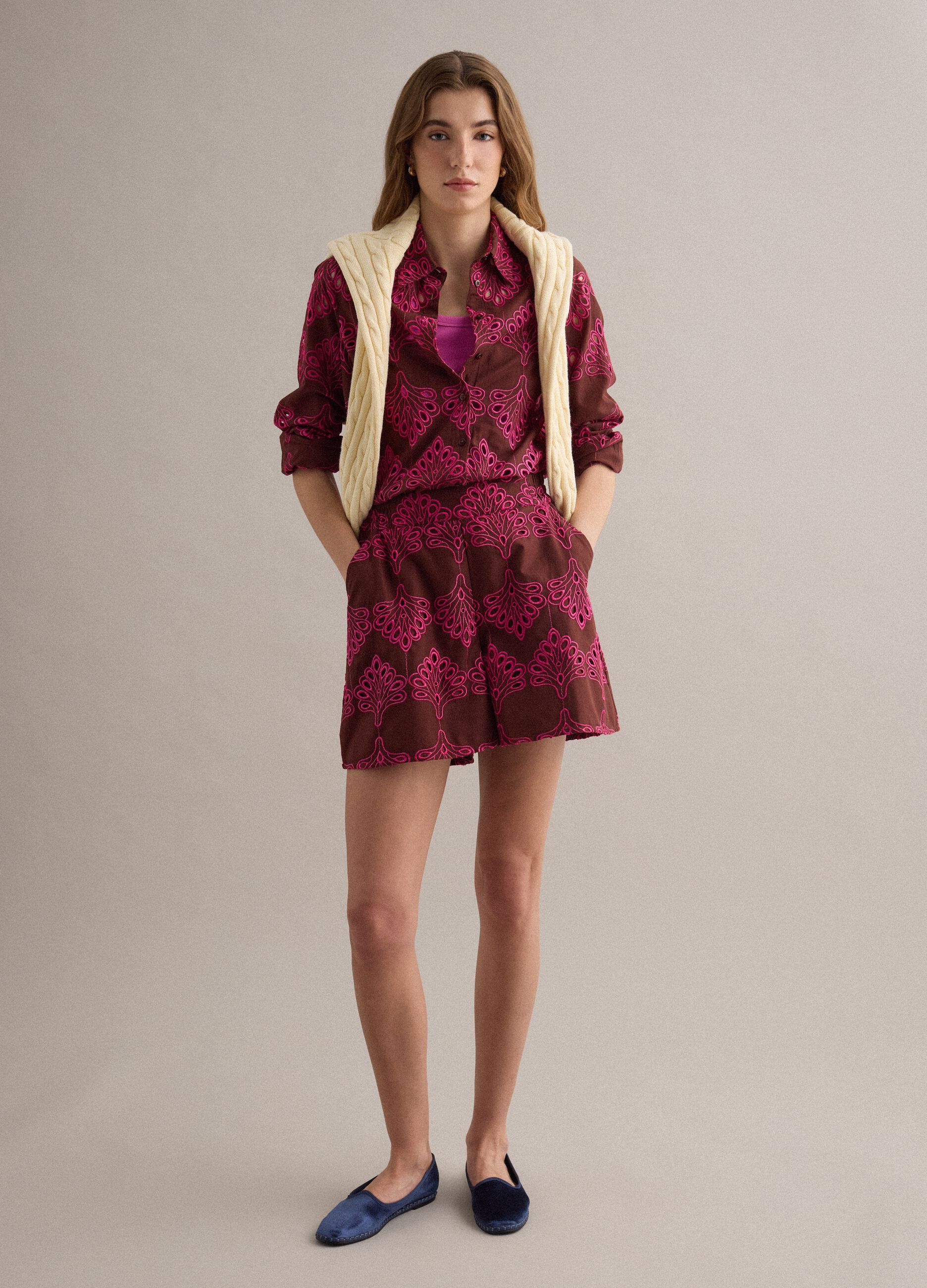 Multicolour pure cotton shirt with broderie anglaise embroidery, regular fit