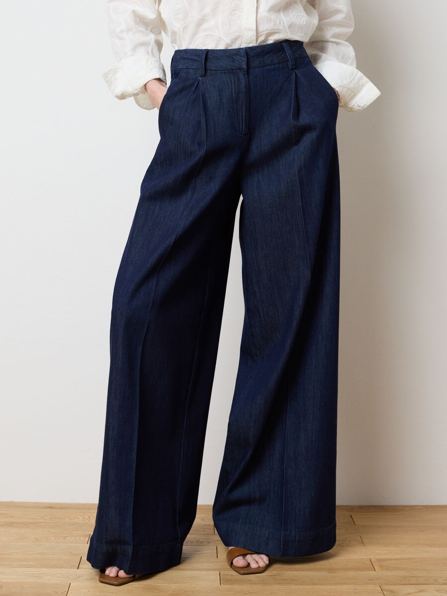 Pantaloni palazzo da donna in puro cotone blu regular fit_1