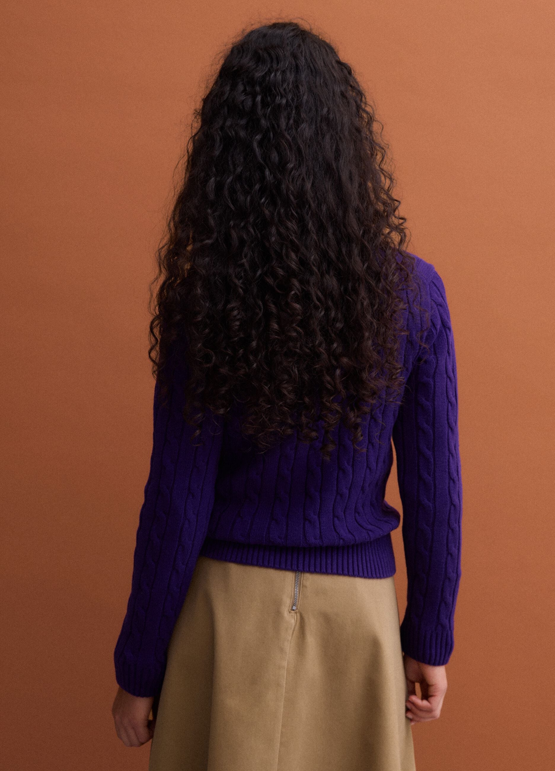 Purple pure cotton cable-knit crew-neck jumper