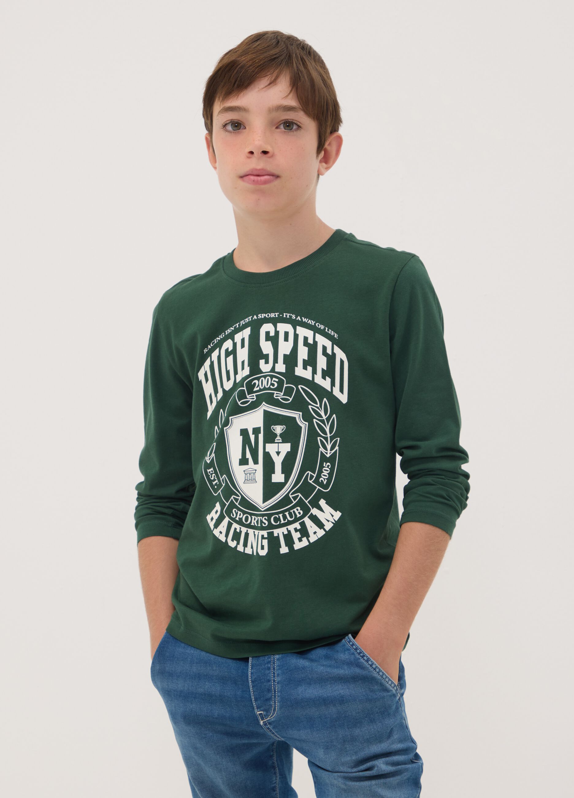 Green organic cotton T-shirt with varsity print