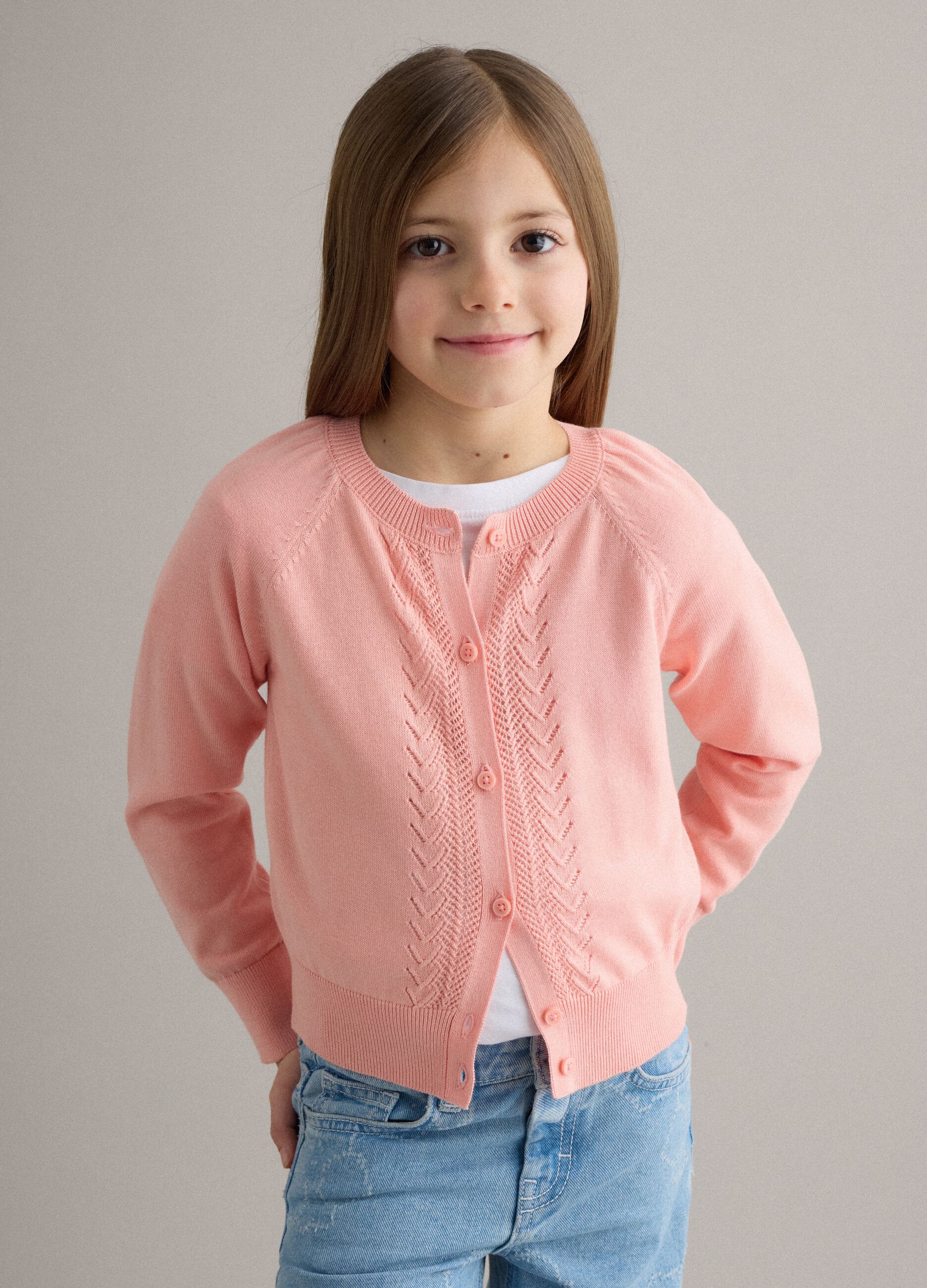 Girl's pink pure cotton regular fit cardigan with cable patterns