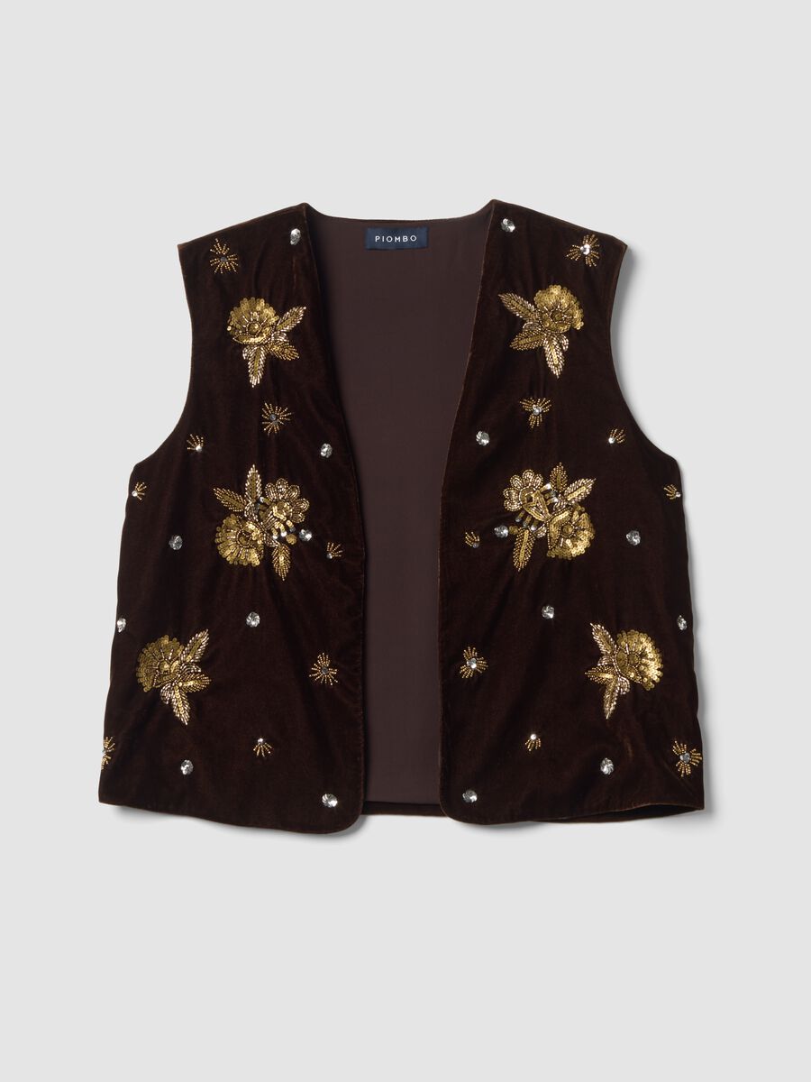 Gilet marrone con ricami floreali e paillettes slim fit_0