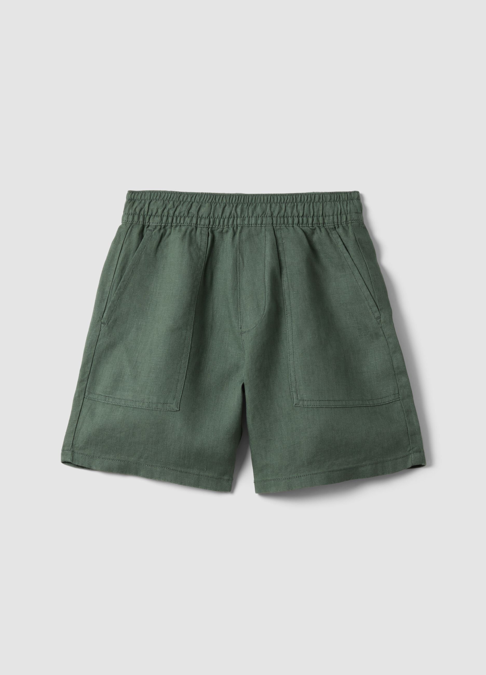 Green pure linen baggy fit cargo shorts for boys