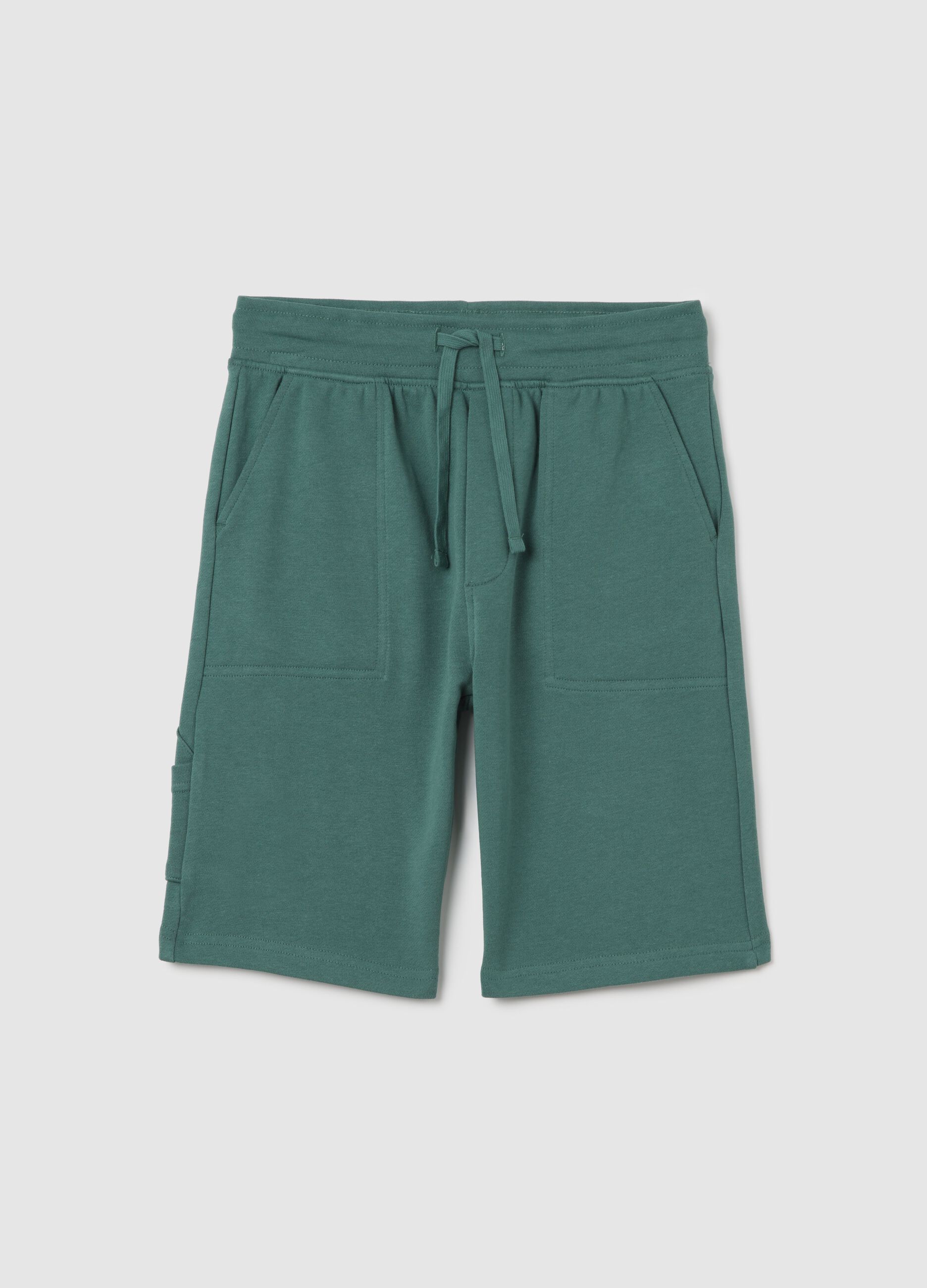 Pantaloni corti da ragazzo in puro cotone verde regular fit con tasche