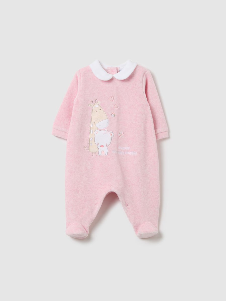 Velour onesie with feet and animals embroidery_0