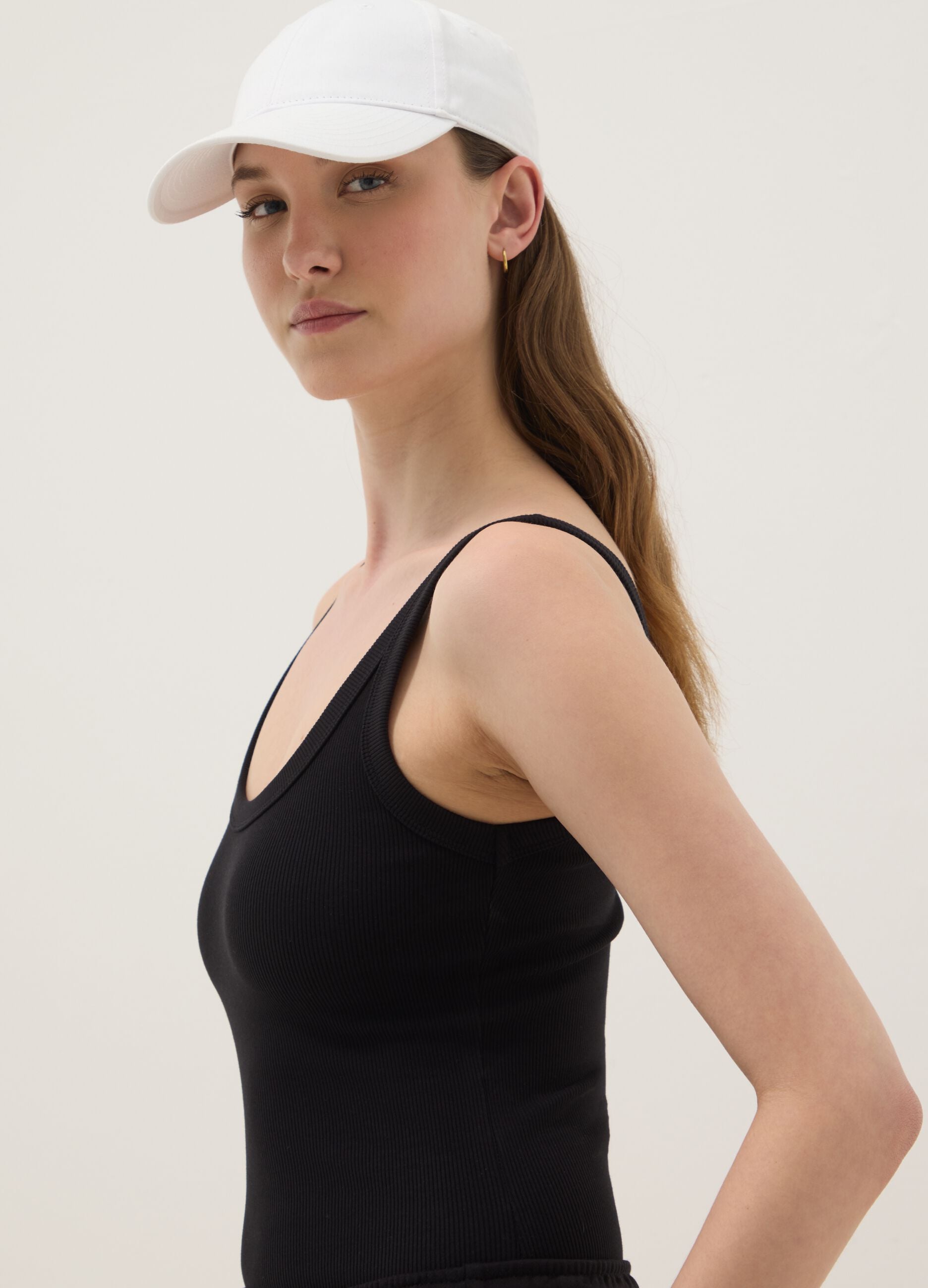 Black ribbed stretch-cotton bodysuit with wide neckline
