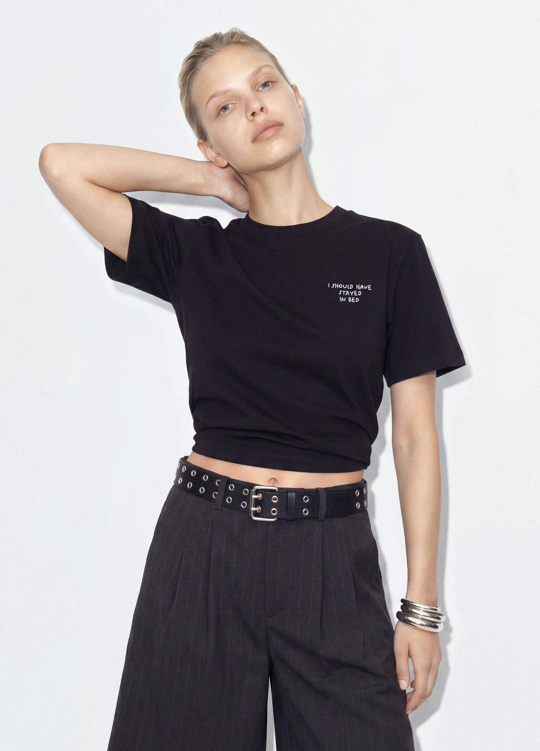 Black relaxed-fit pure cotton T-shirt with embroidered slogan