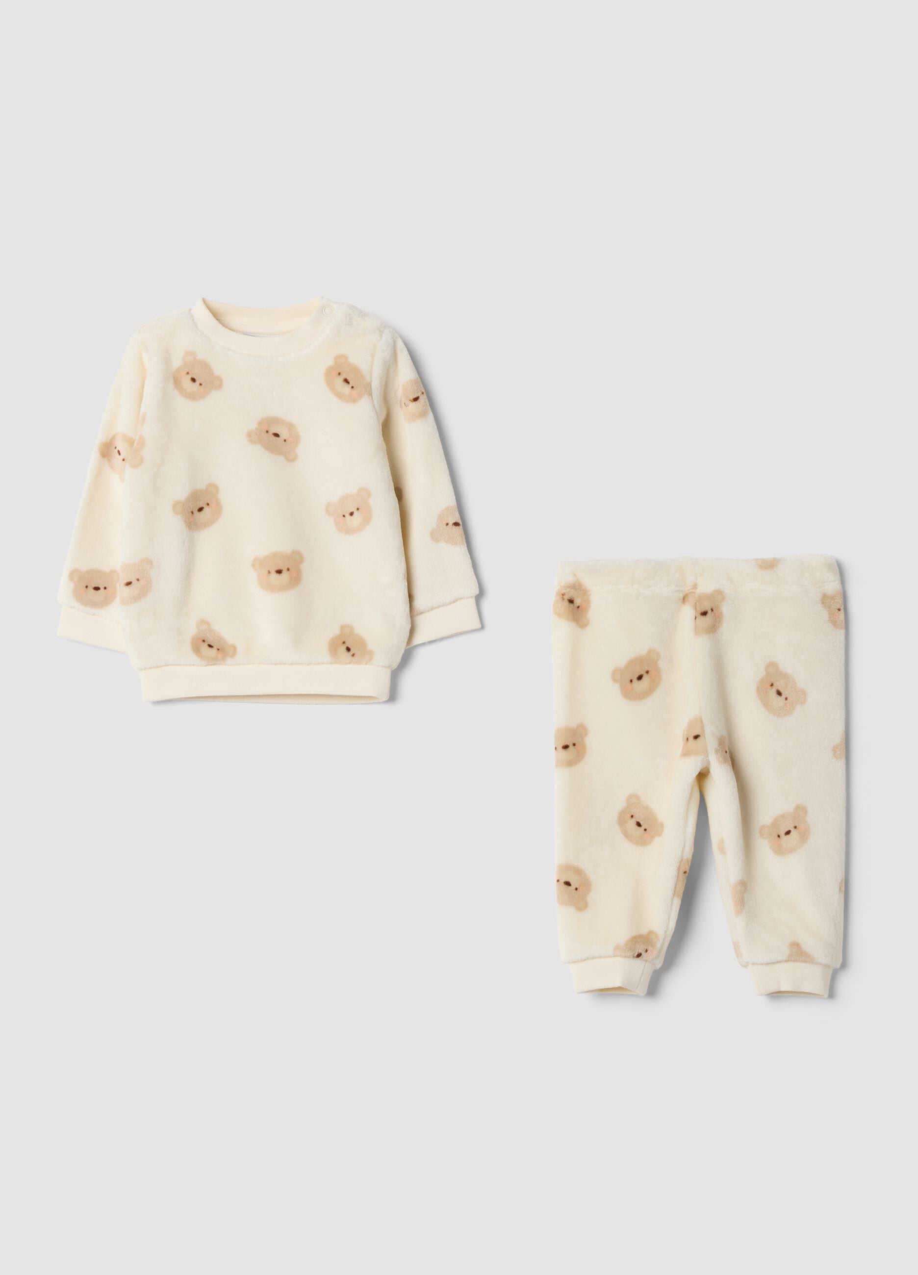 Ivory white crew-neck pyjama set with teddy bear print