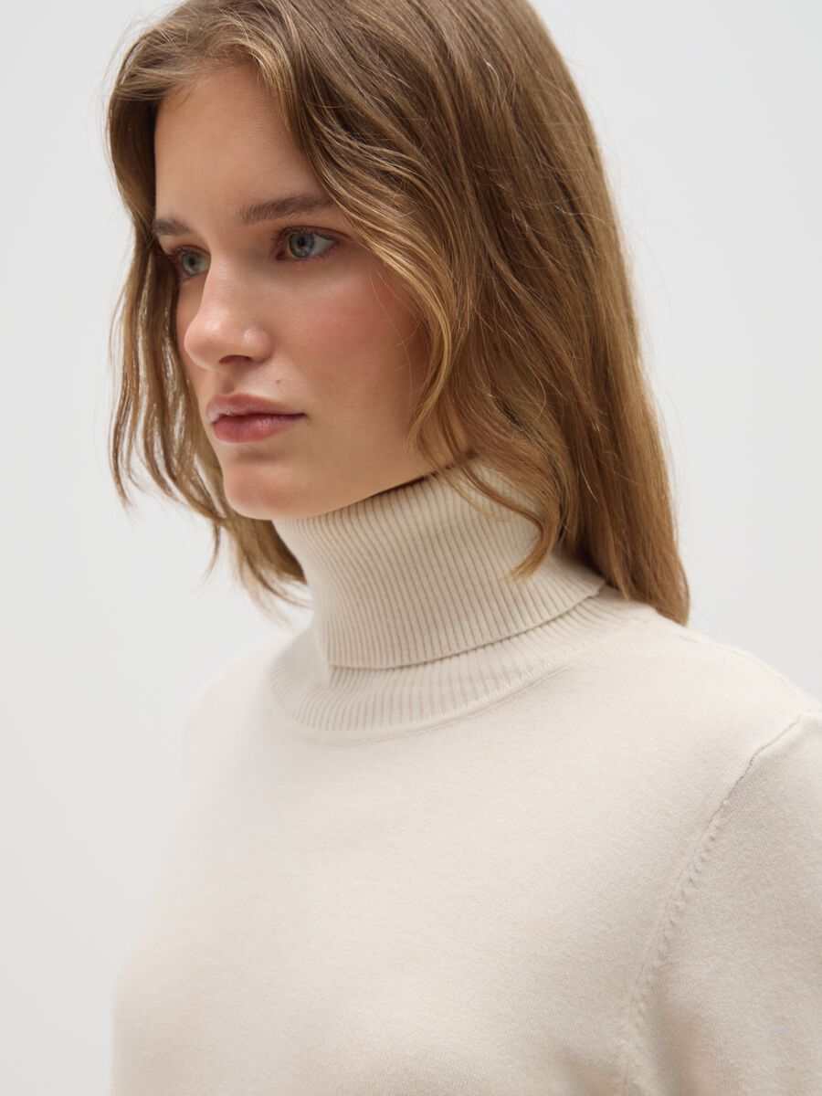 Beige High Neck Regular Fit Jumper_3