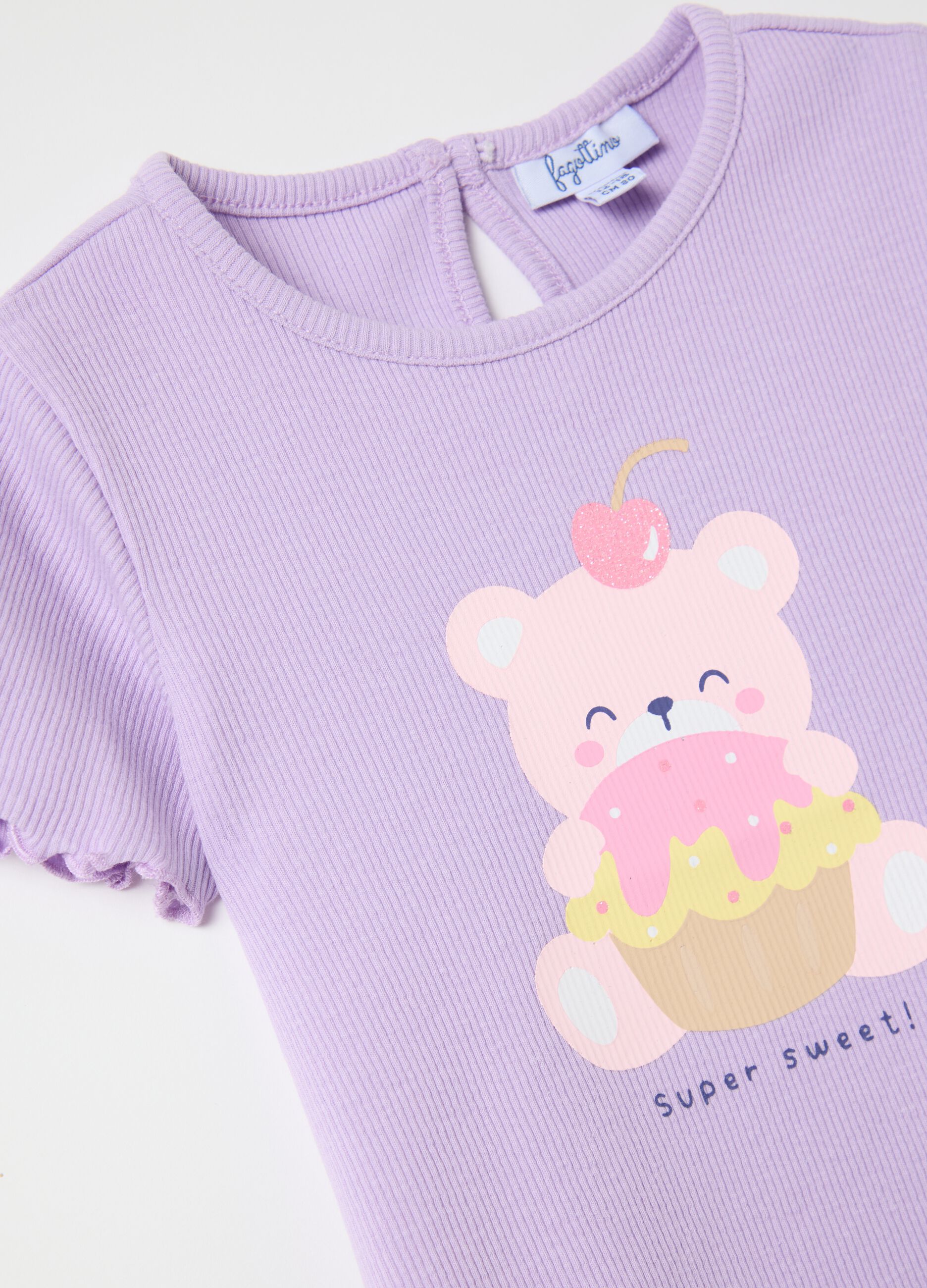 Lilac ribbed T-shirt with glitter print